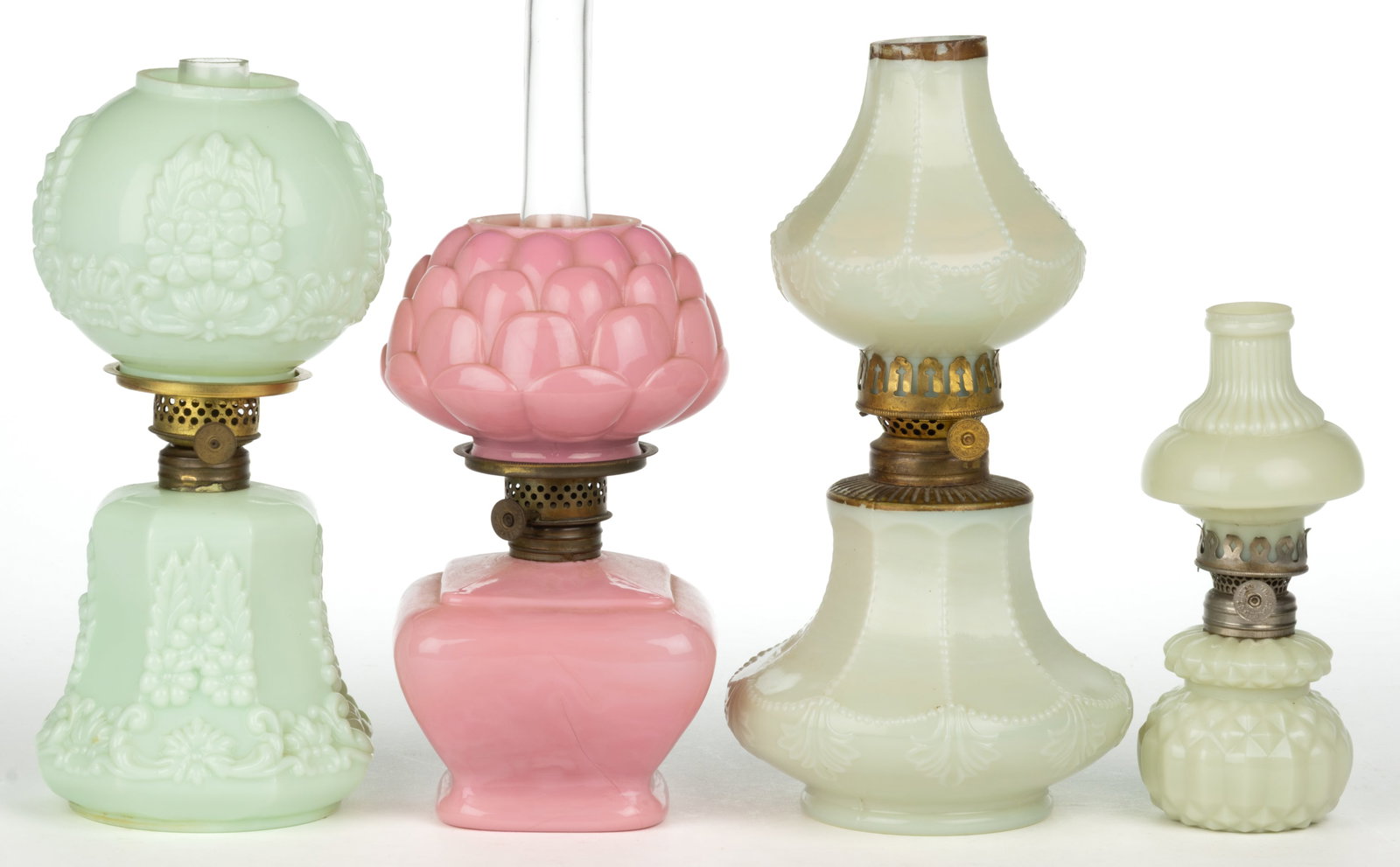 ASSORTED COLORED OPAQUE GLASS MINIATURE LAMPS, LOT OF FOUR (1 of 1)