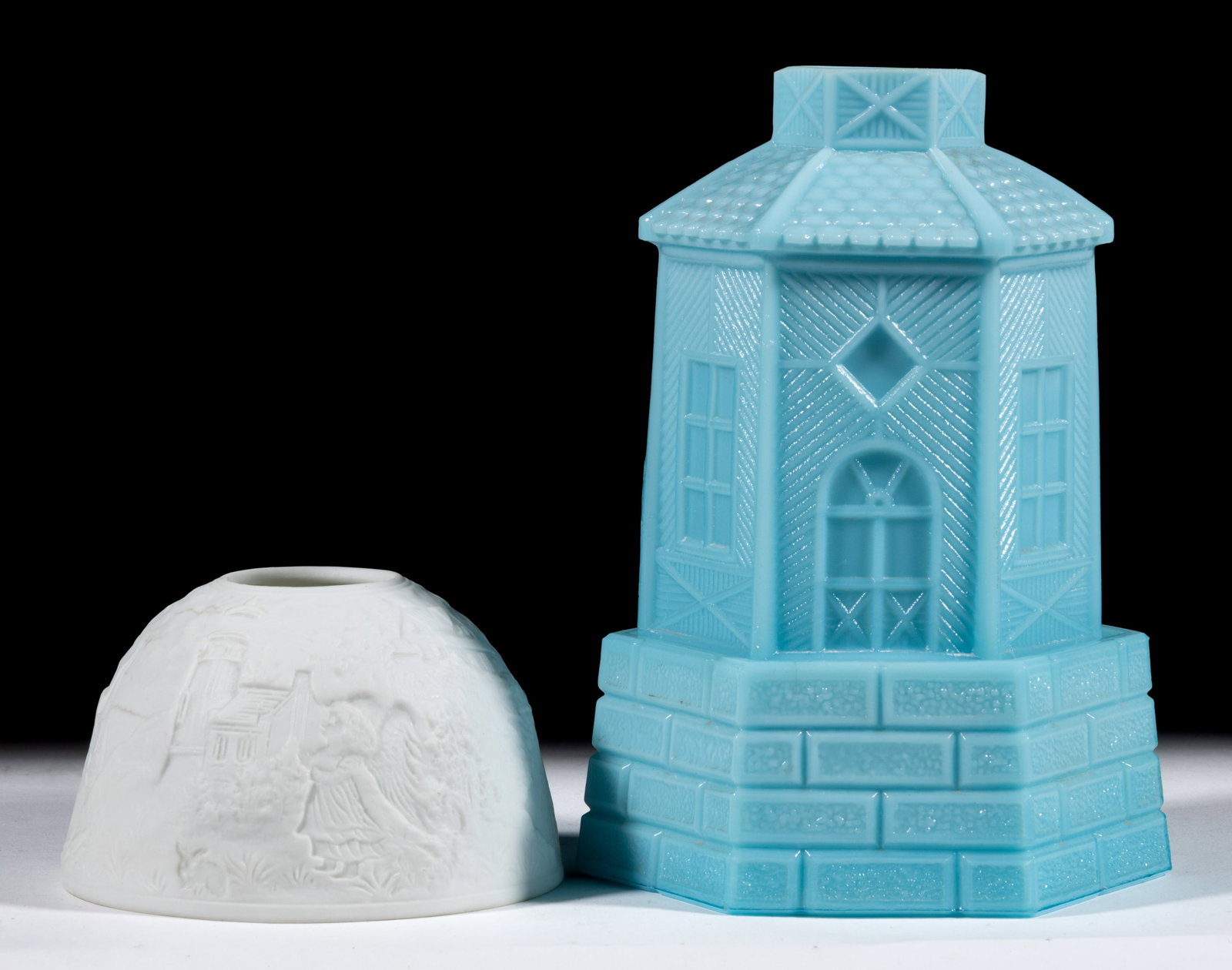 ASSORTED FAIRY AND MINIATURE LAMP ARTICLES, LOT OF TWO: ASSORTED FAIRY AND MINIATURE LAMP ARTICLES, LOT OF TWO, comprising of an opaque blue figural hexagonal building, having a brick-form base with integral candle cup holder, fitted with a Clarkes candle;