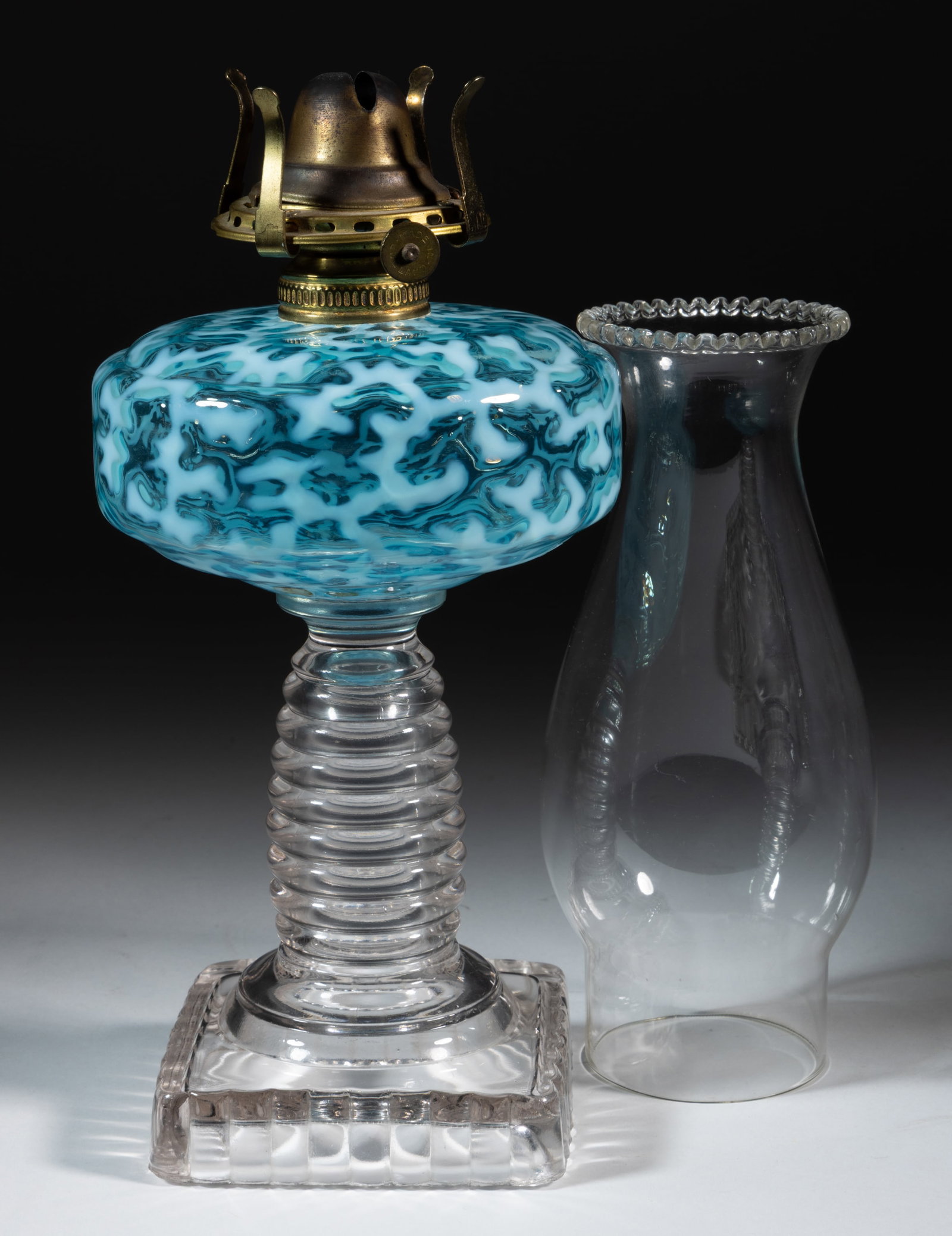 HOBBS CORAL REEF / SEAWEED - MEDIUM SIZE KEROSENE STAND LAMP: HOBBS CORAL REEF / SEAWEED - MEDIUM SIZE KEROSENE STAND LAMP, Sapphire/blue opalescent font, colorless beehive stem and ribbed foot, No. 1 Miller Oval Band collar. Fitted with a period setup comp