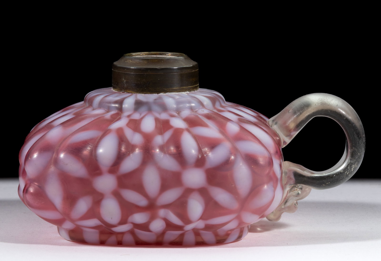 HOBBS NO. 341 / SNOWFLAKE KEROSENE FINGER LAMP: HOBBS NO. 341 / SNOWFLAKE KEROSENE FINGER LAMP, Ruby/cranberry opalescent, having a satin-like finish that was likely done post-production, colorless applied handle with satin-like fini