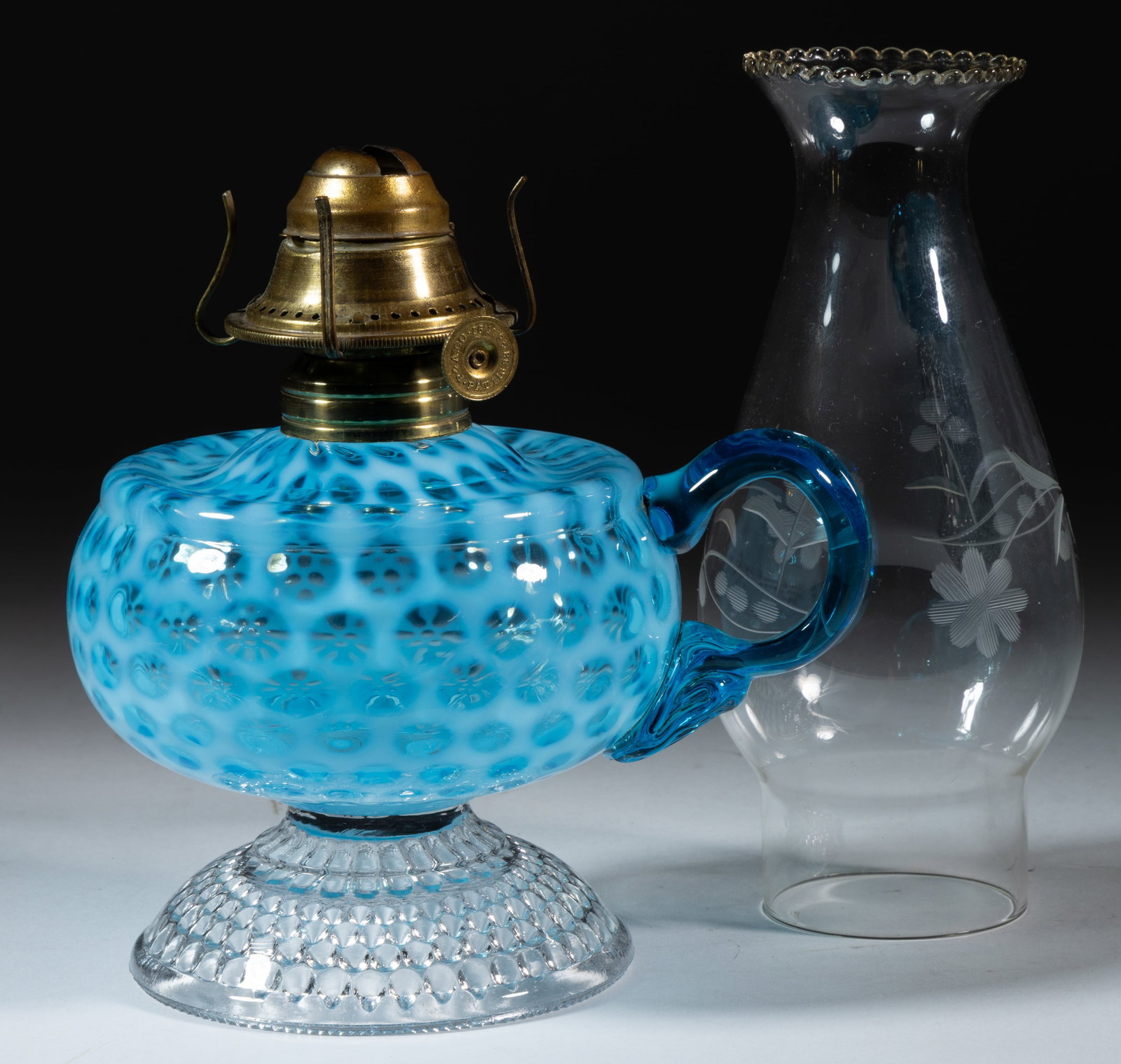 HOBBS NO. 326 WINDOWS / COIN DOT KEROSENE FOOTED FINGER LAMP: HOBBS NO. 326 WINDOWS / COIN DOT KEROSENE FOOTED FINGER LAMP, Sapphire/blue opalescent font, colorless base, applied blue handle with pressed fan design to the lower juncture,