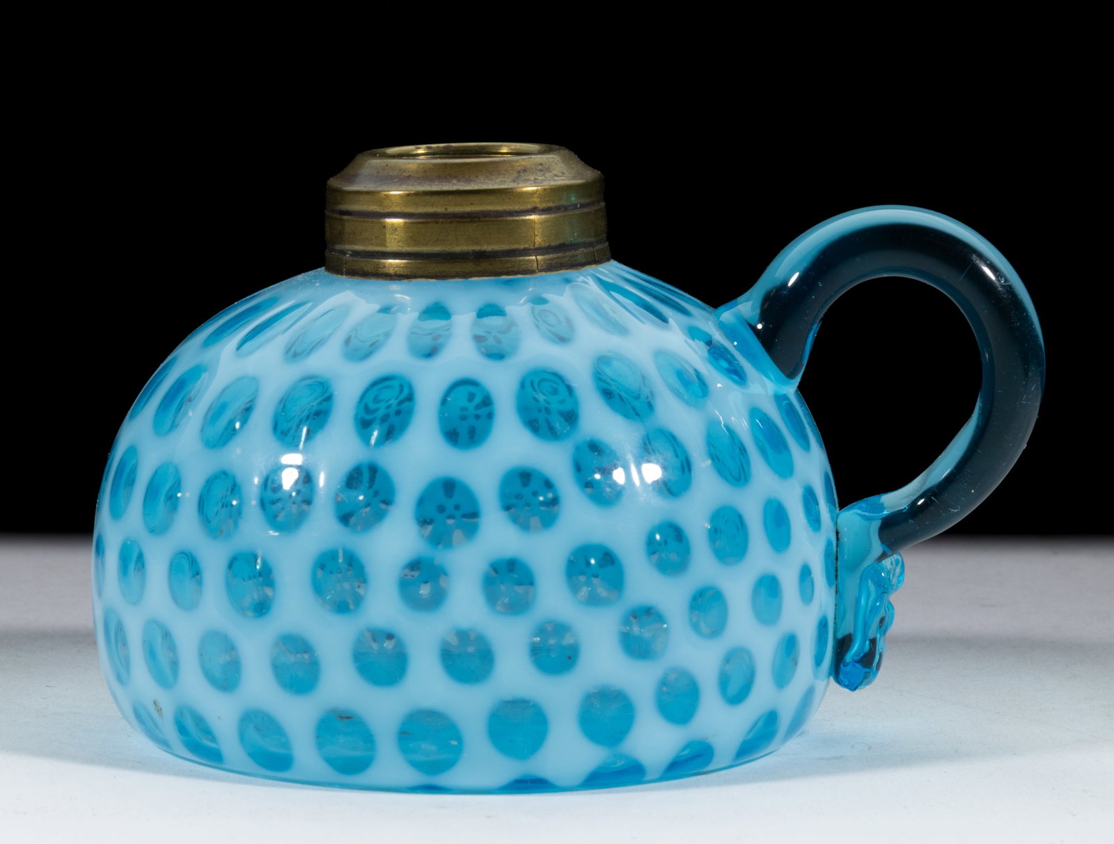 HOBBS NO. 326 WINDOWS / COIN DOT KEROSENE FINGER LAMP: HOBBS NO. 326 WINDOWS / COIN DOT KEROSENE FINGER LAMP, Sapphire/blue opalescent font, applied blue handle, No. 1 Taplin-Brown collar. Hobbs, Brockunier & Co. Circa 1889. 2 7/8" H to
