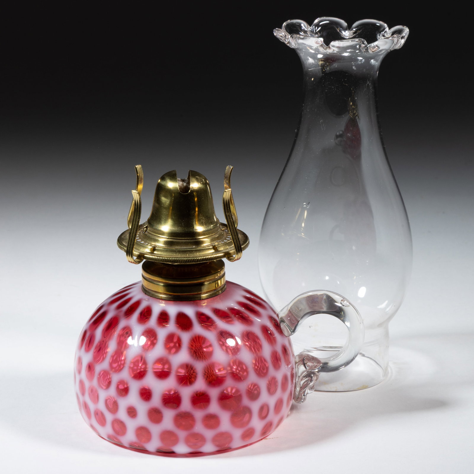 HOBBS NO. 326 WINDOWS / COIN DOT KEROSENE FINGER LAMP: HOBBS NO. 326 WINDOWS / COIN DOT KEROSENE FINGER LAMP, Ruby/cranberry opalescent font, applied colorless handle, No. 1 Taplin-Brown collar. Fitted with a period setup comprising a No. 0