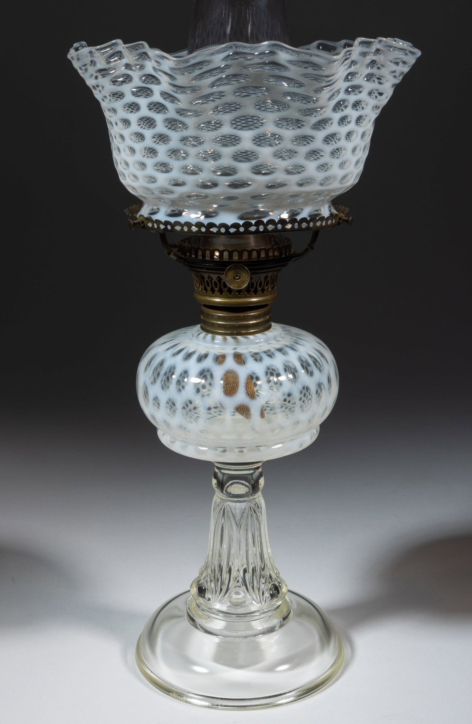 COIN DOT / WINDOWS KEROSENE STAND LAMP: COIN DOT / WINDOWS KEROSENE STAND LAMP, colorless opalescent font, colorless Leaf and Jewel base, No. 2 brass collar. Fitted with a brass No. 2 lip burner, matching patterned color