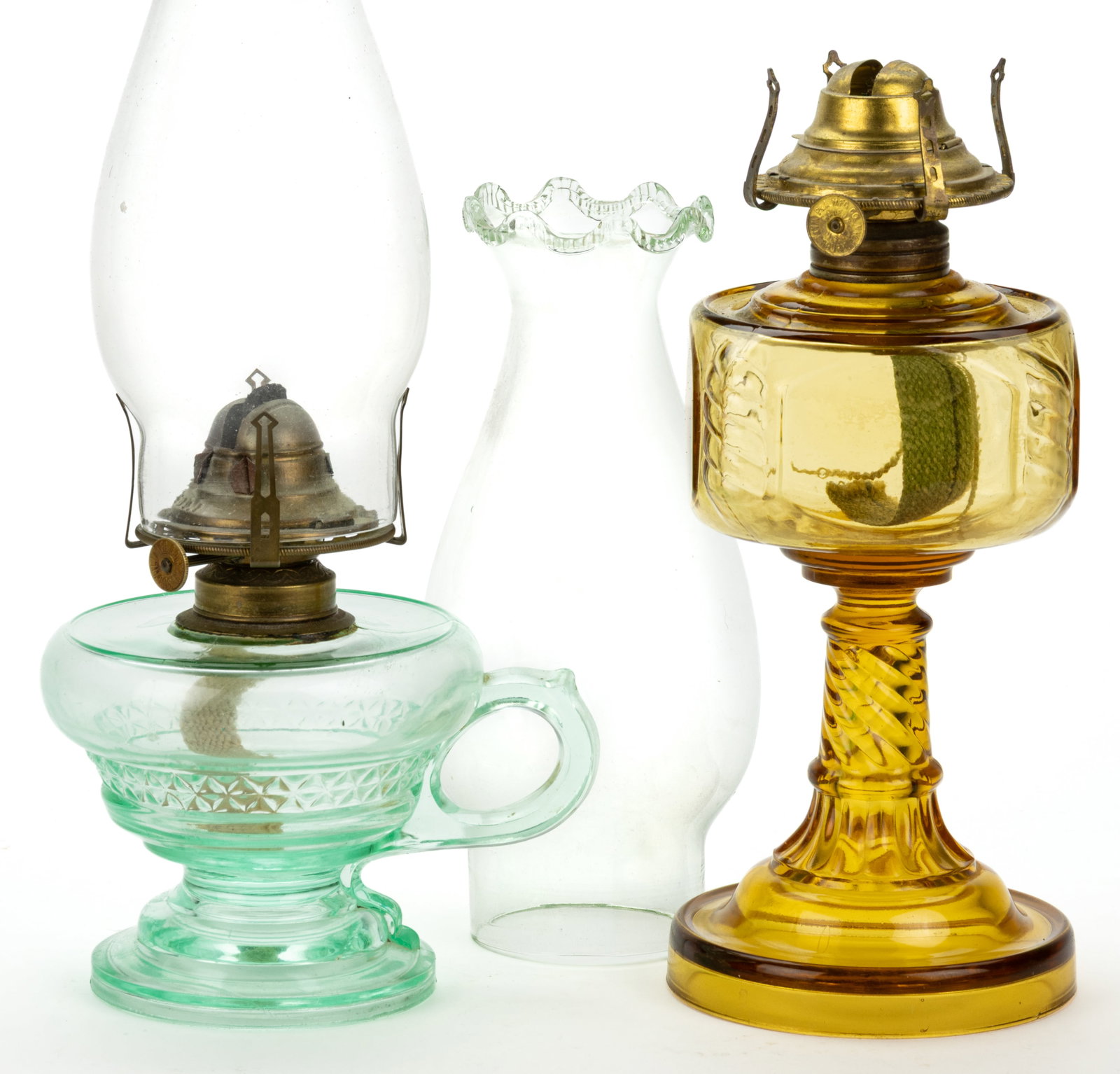 ASSORTED PATTERNED COLORED GLASS KEROSENE STAND LAMPS, LOT OF TWO (1 of 1)