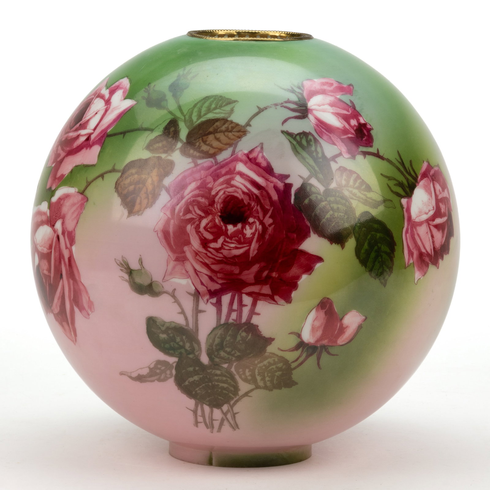 VICTORIAN DECORATED KEROSENE LAMP SHADE: VICTORIAN DECORATED KEROSENE LAMP SHADE, ball form, opal with green to pink shaded ground, body with scattered pink rose stem and sprays, top with a beaded patterned brass heat ring. Late 19th/ea