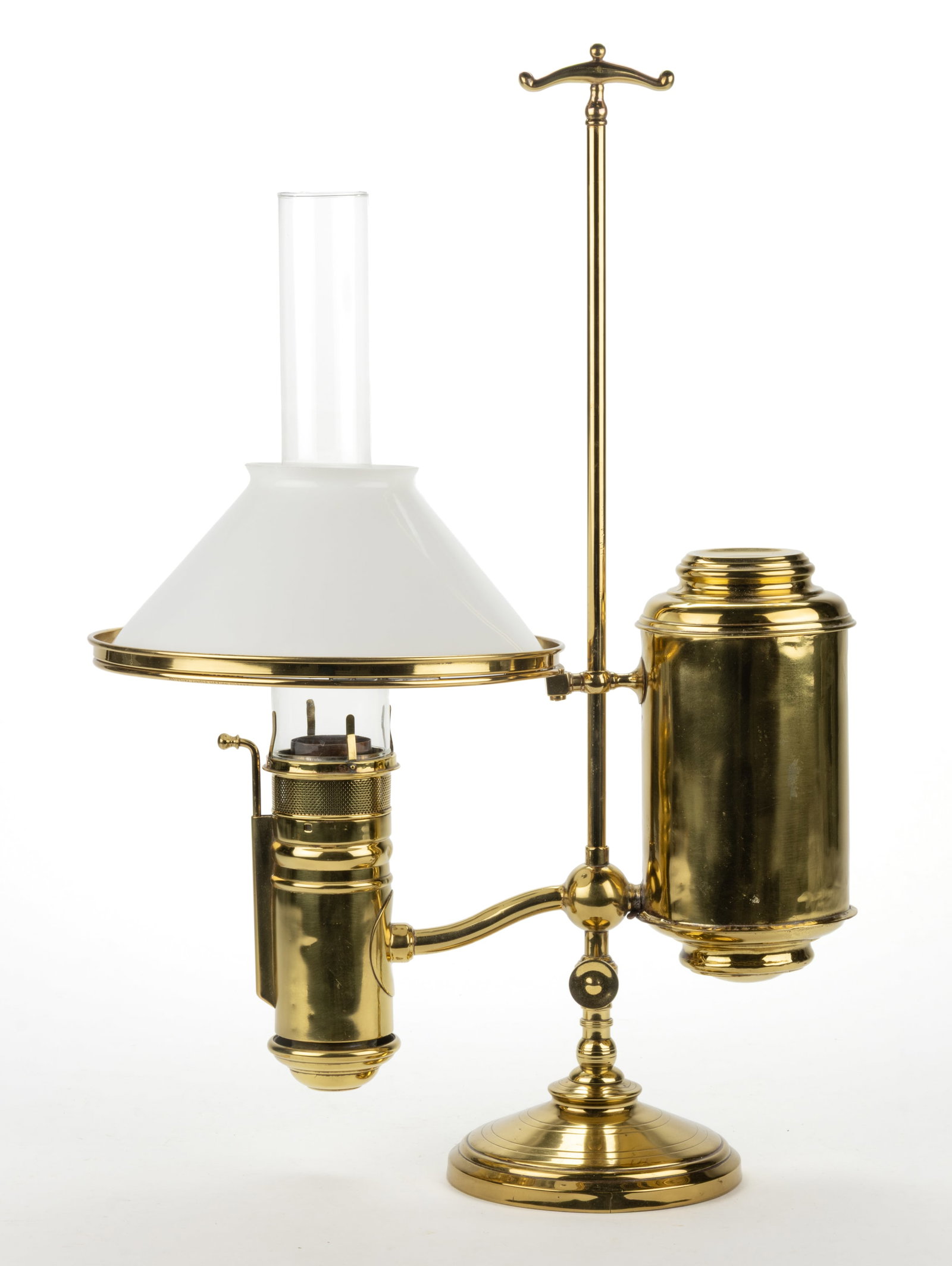 MANHATTAN BRASS CO. YALE BRASS SINGLE-ARM KEROSENE STUDENT LAMP: MANHATTAN BRASS CO. YALE BRASS SINGLE-ARM KEROSENE STUDENT LAMP, large cylinder-form reservoir and a cylinder-form font on an adjustable central cylinder-form shaft with a "T-form&