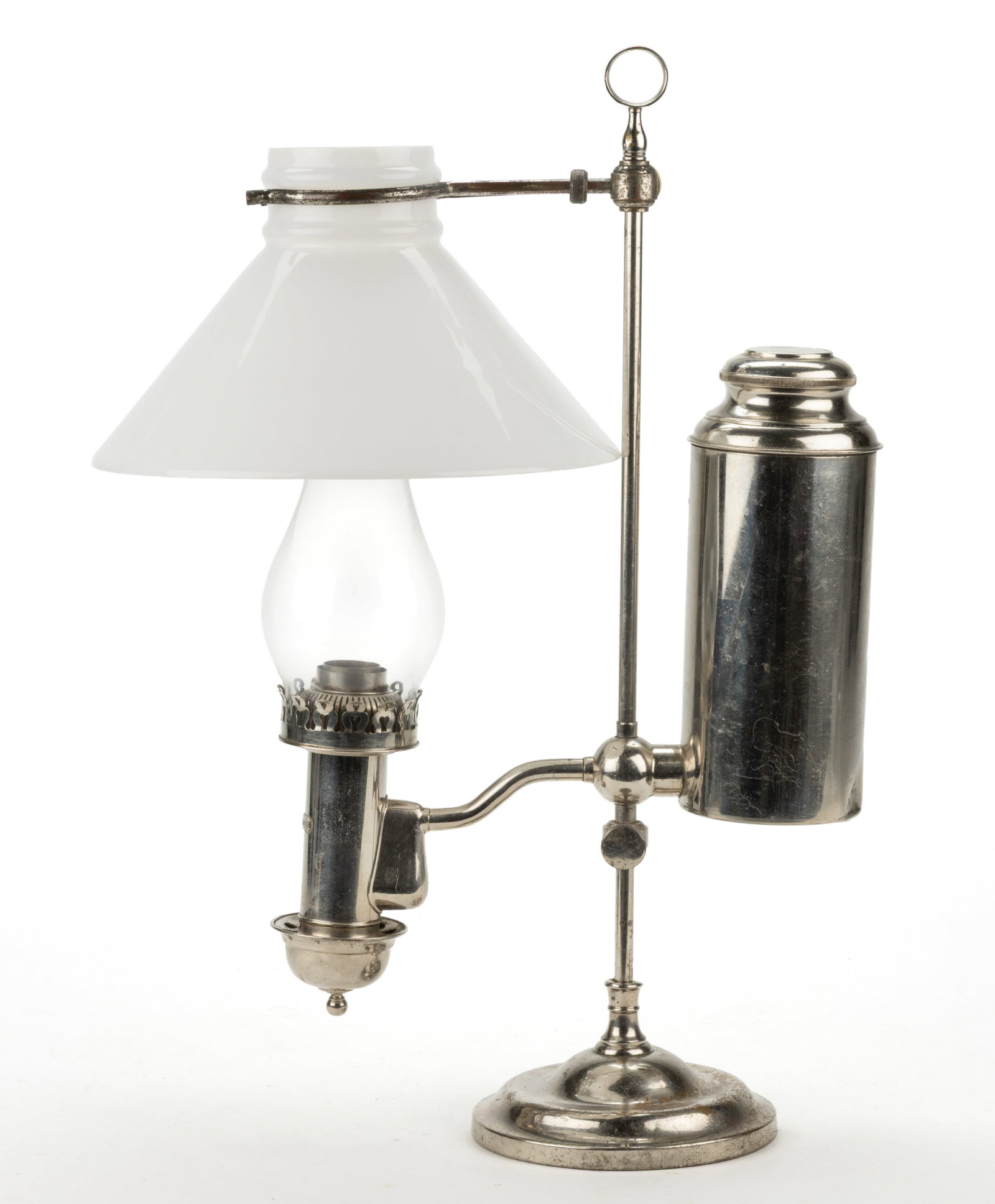 THE GERMAN STUDENT LAMP CO.'S IMPERIAL NICKEL-PLATED BRASS SINGLE-ARM FORKED KEROSENE STUDENT LAMP (1 of 1)