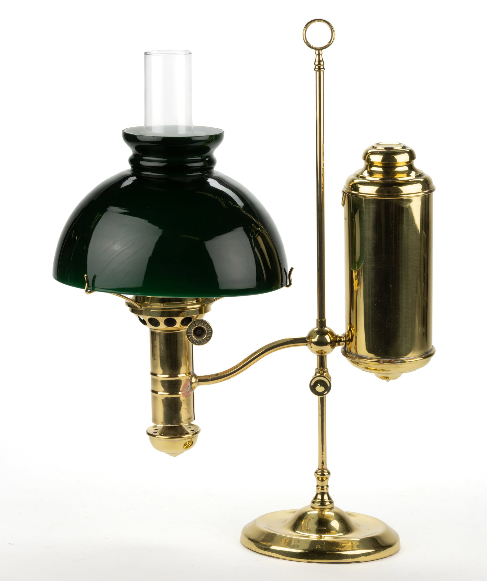THE ALBA LAMP CO. BRASS SINGLE-ARM KEROSENE STUDENT LAMP: THE ALBA LAMP CO. BRASS SINGLE-ARM KEROSENE STUDENT LAMP, large cylinder-form reservoir and a cylinder-form font on an adjustable central cylinder-form shaft with a ring-form finial, reservo