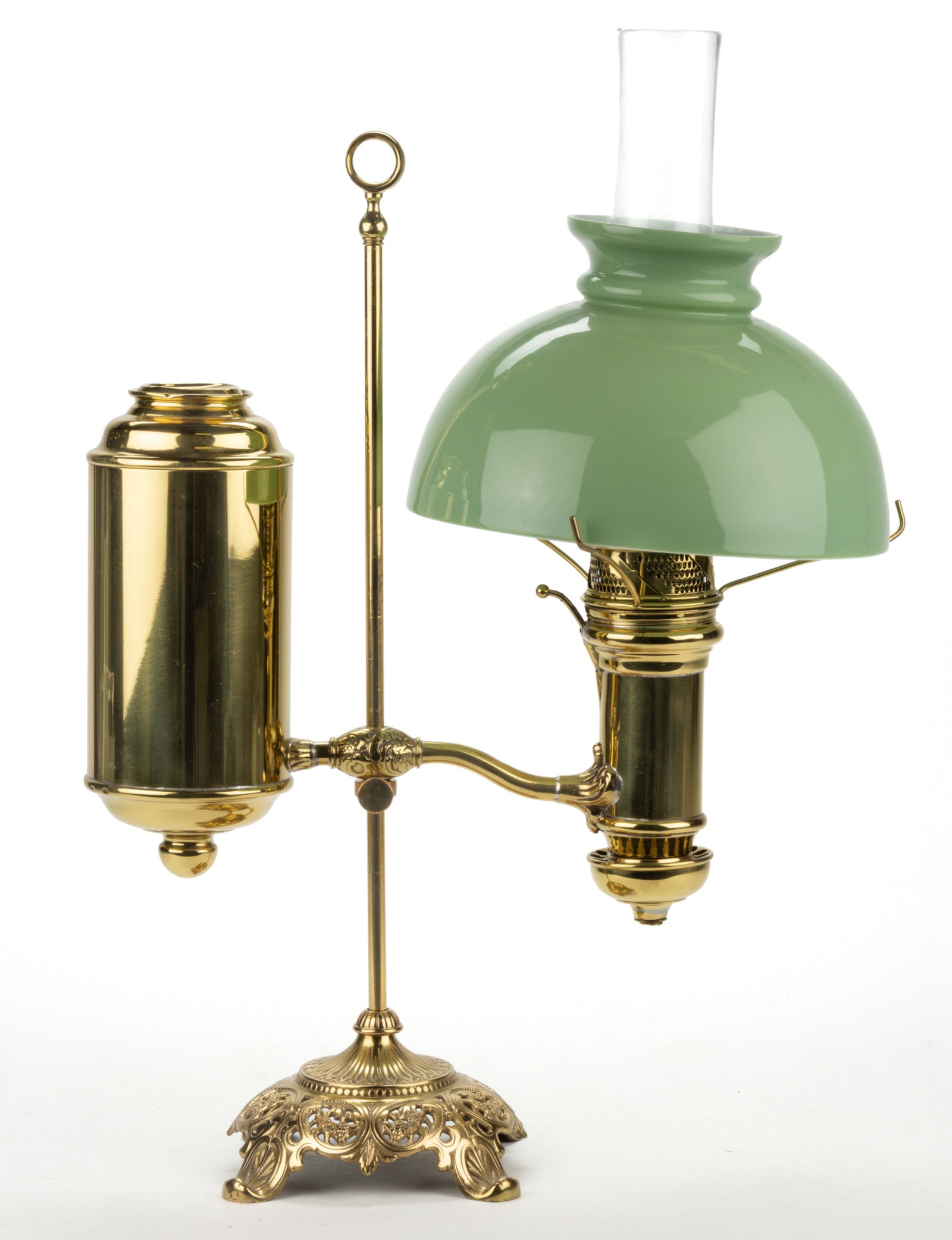 E. MILLER & CO. BRASS SINGLE-ARM KEROSENE STUDENT LAMP: E. MILLER & CO. BRASS SINGLE-ARM KEROSENE STUDENT LAMP, large cylinder-form reservoir and a cylinder-form font on an adjustable central cylinder-form shaft with a ring-form finial, reser