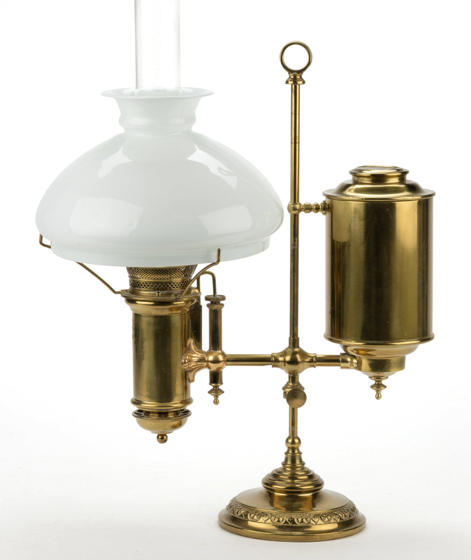 E. MILLER & CO. BRASS SINGLE-ARM KEROSENE STUDENT LAMP: E. MILLER & CO. BRASS SINGLE-ARM KEROSENE STUDENT LAMP, large cylinder-form reservoir and a cylinder-form font on an adjustable central cylinder-form shaft with a ring-form finial, reser