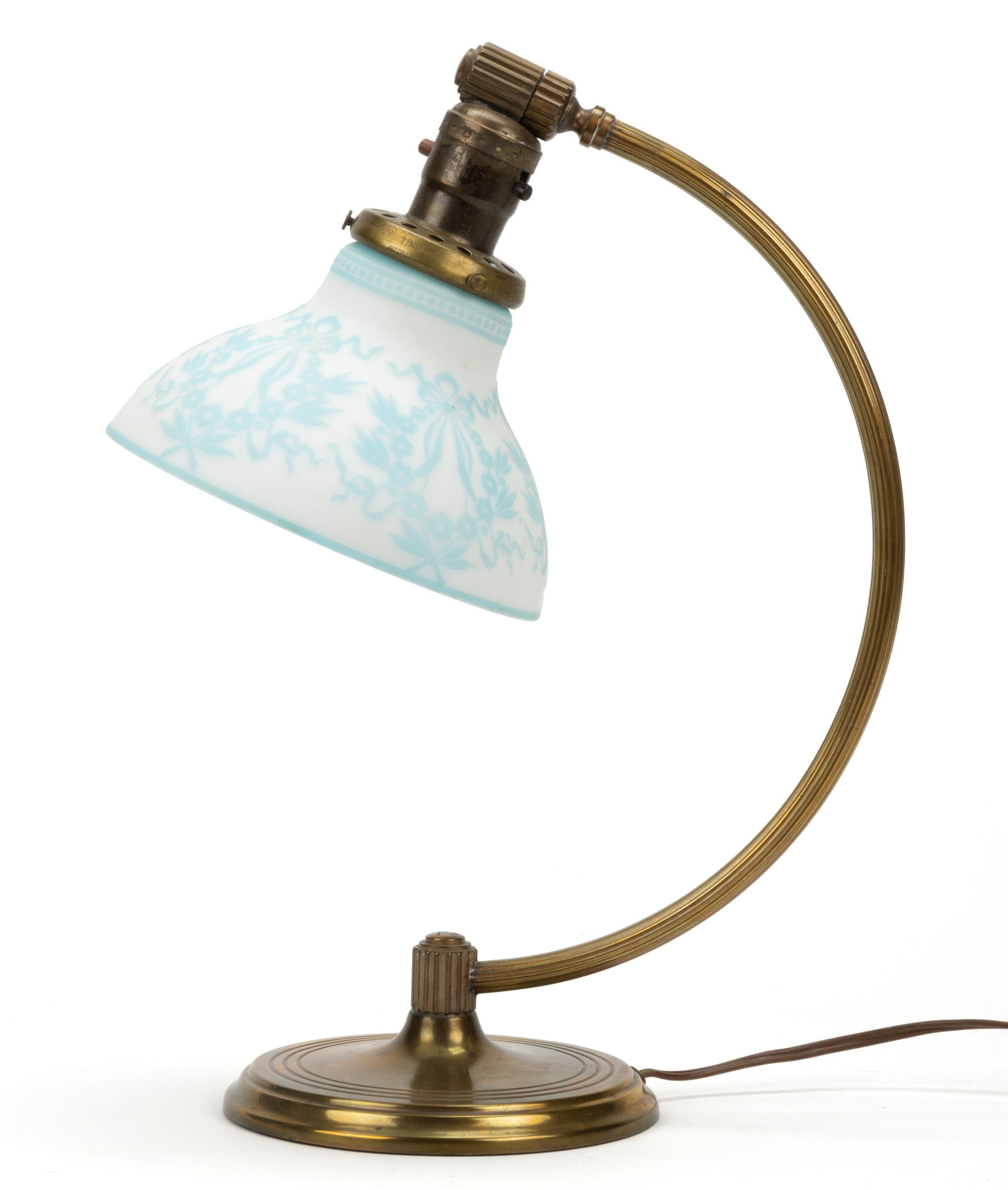 SIGNED CHASE ART-DECO BRASS ELECTRIC TABLE / DESK LAMP WITH CAMEO SHADE (1 of 2)