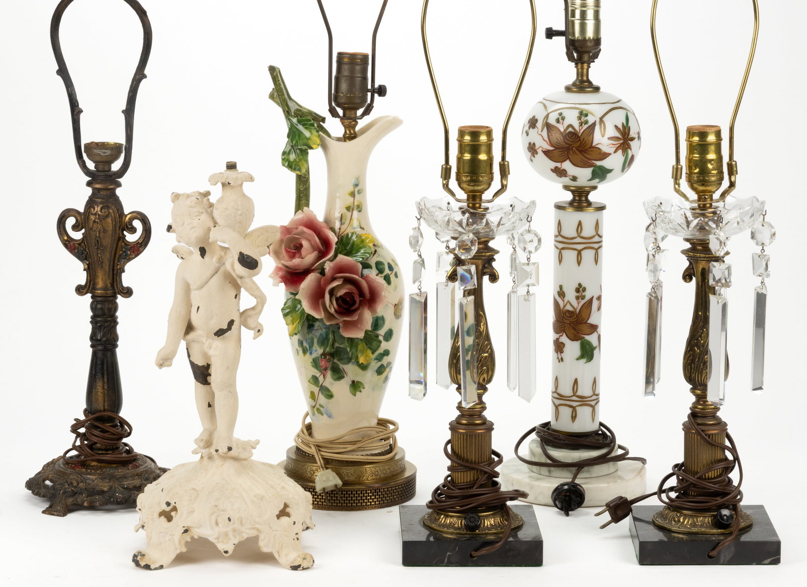 ASSORTED ELECTRIC AND GAS TABLE LAMPS, LOT OF SIX: ASSORTED ELECTRIC AND GAS TABLE LAMPS, LOT OF SIX, comprising of a brass pair with colorless glass bobeches and prisms, having black/brown marble square-form foot; a cast-iron example with brass/bronz