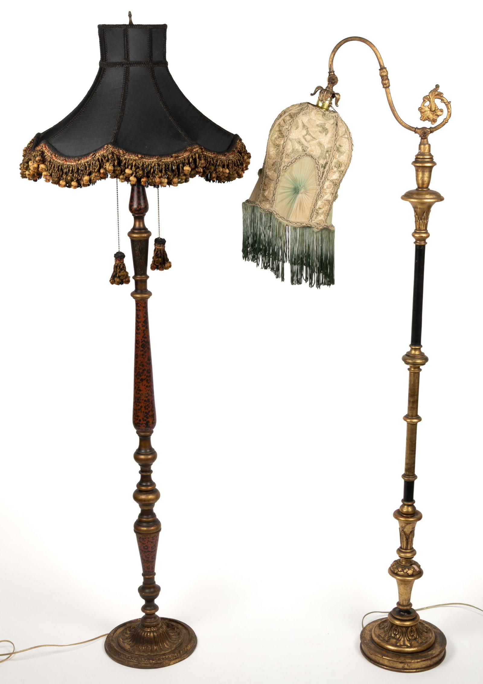 ASSORTED DECORATED CARVED WOOD AND CAST-IRON ELECTRIC FLOOR LAMPS, LOT OF TWO (1 of 3)