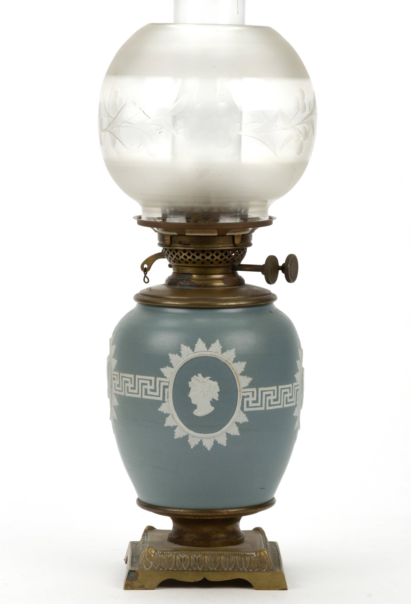 WEDGWOOD-STYLE JASPERWARE CERAMIC KEROSENE VASE LAMP (1 of 3)