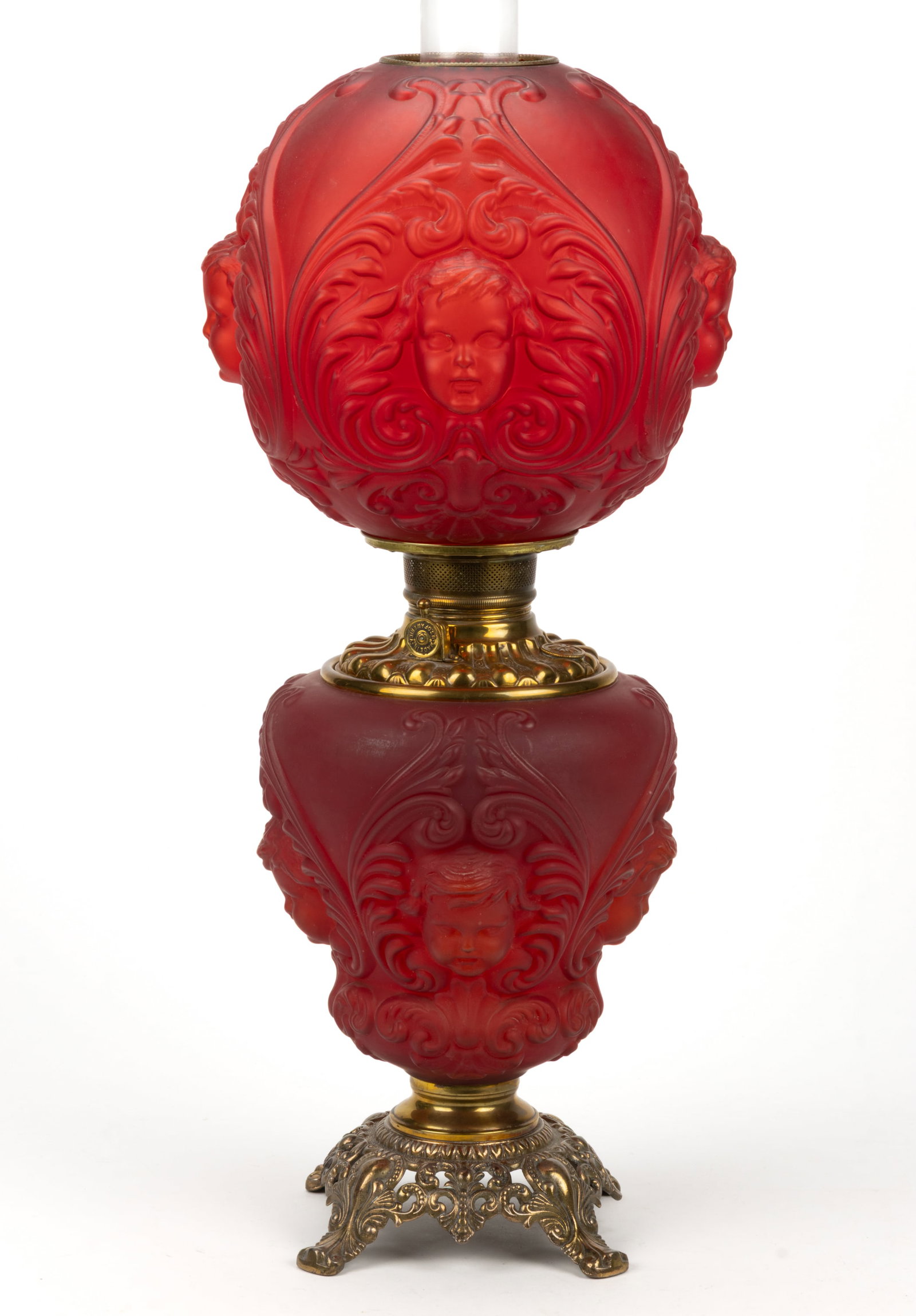 CONSOLIDATED CHERUB / BABY FACE KEROSENE GONE WITH THE WIND / PARLOR LAMP: CONSOLIDATED CHERUB / BABY FACE KEROSENE GONE WITH THE WIND / PARLOR LAMP, Cerise/Ruby/red satin, matching patterned bright Cerise/Ruby/red ball-form shade with brass beaded heat ring, elongated-form 