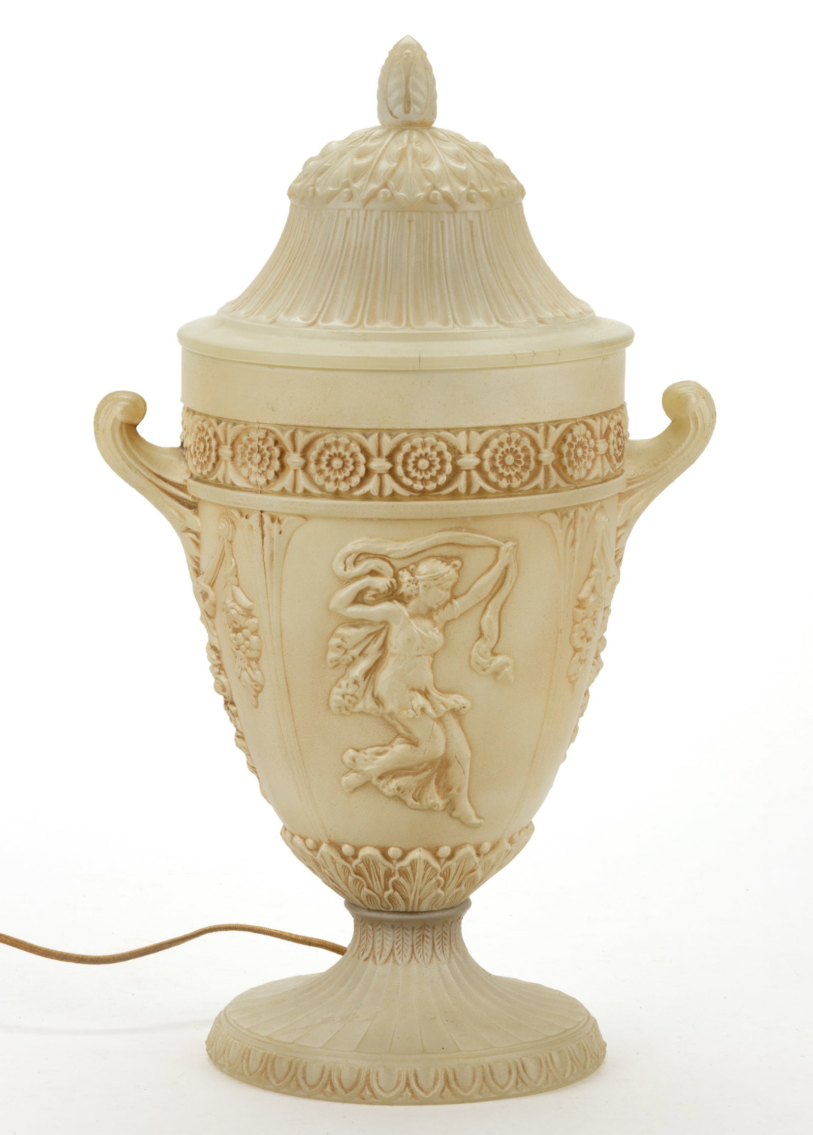 NORTHWOOD DANCING LADIES URN-FORM LARGE LAMP: NORTHWOOD DANCING LADIES URN-FORM LARGE LAMP, opaque Luna with nutmeg stain, with cover, original cord and interior socket, hole for cord and socket is molded into the glass, as made. Currently in wor
