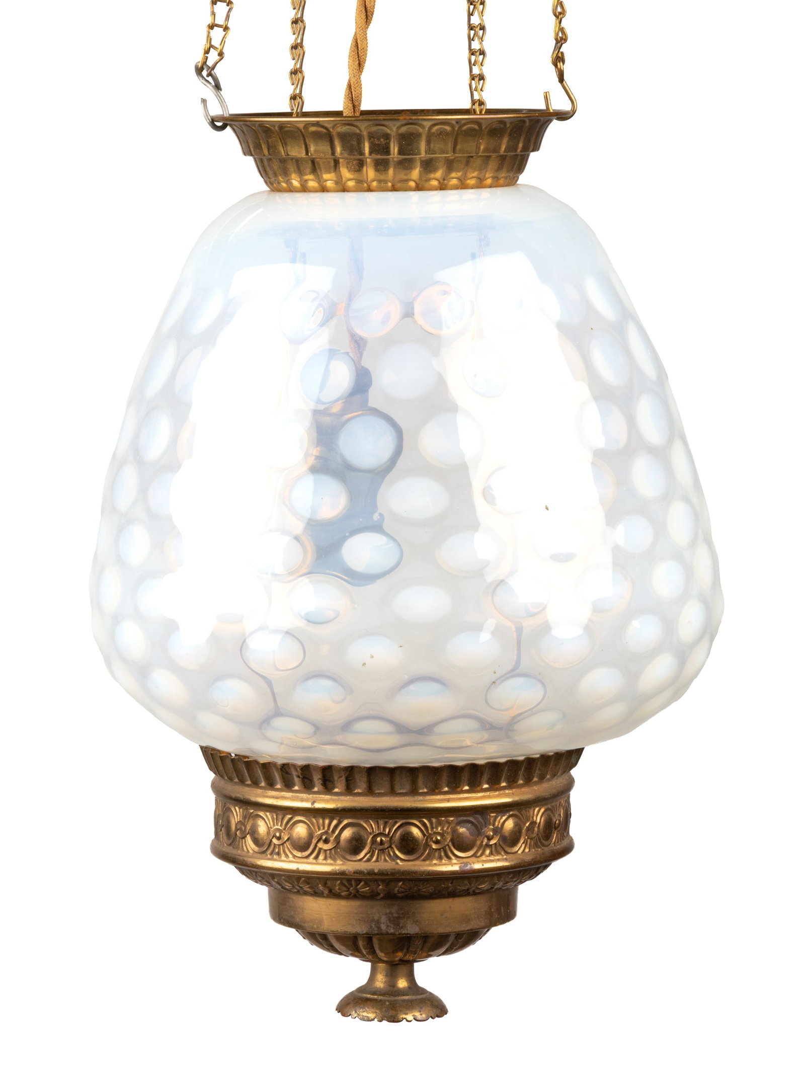 VICTORIAN COINSPOT OPALESCENT GLASS AND METAL KEROSENE HANGING HALL LAMP (1 of 2)