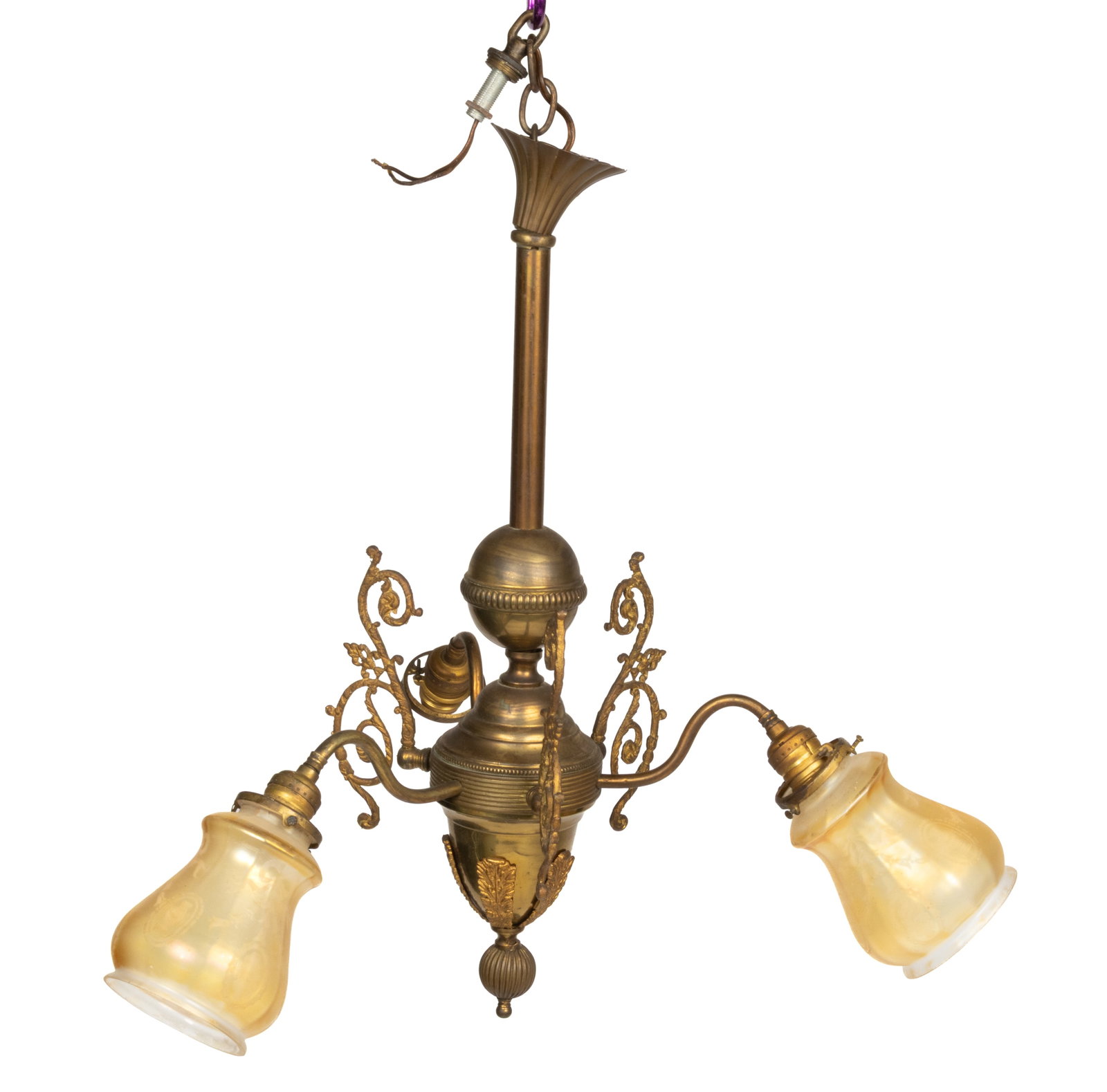 BRASS TRIPLE-ARM GAS HANGING CHANDELIER LAMP AND SHADES, LOT OF FOUR (1 of 3)