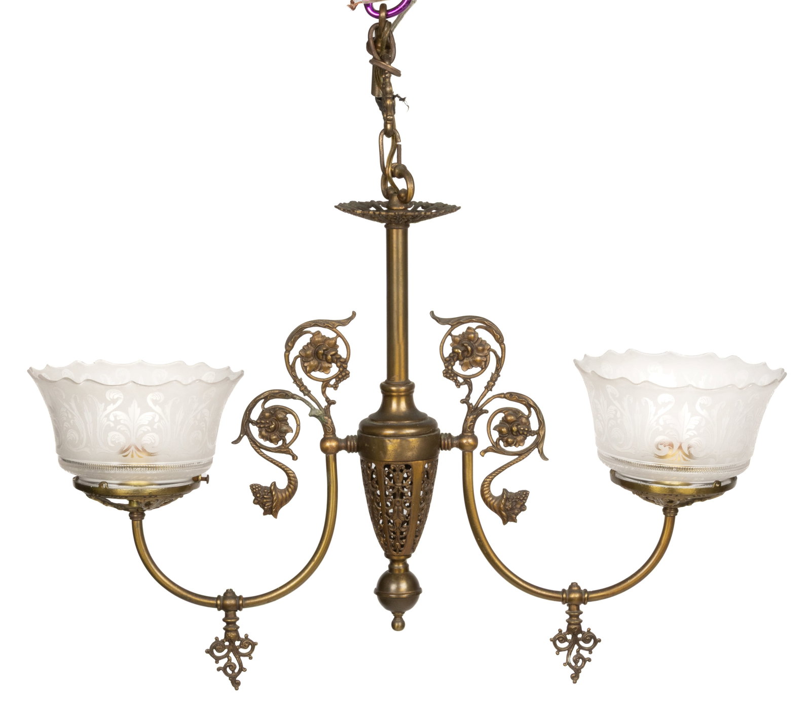 BRASS DOUBLE-ARM GAS HANGING CHANDELIER LAMP: BRASS DOUBLE-ARM GAS HANGING CHANDELIER LAMP, central shaft with conical form ornament and supporting each curved arm, top of each arm at juncture with floral and horn of plenty or