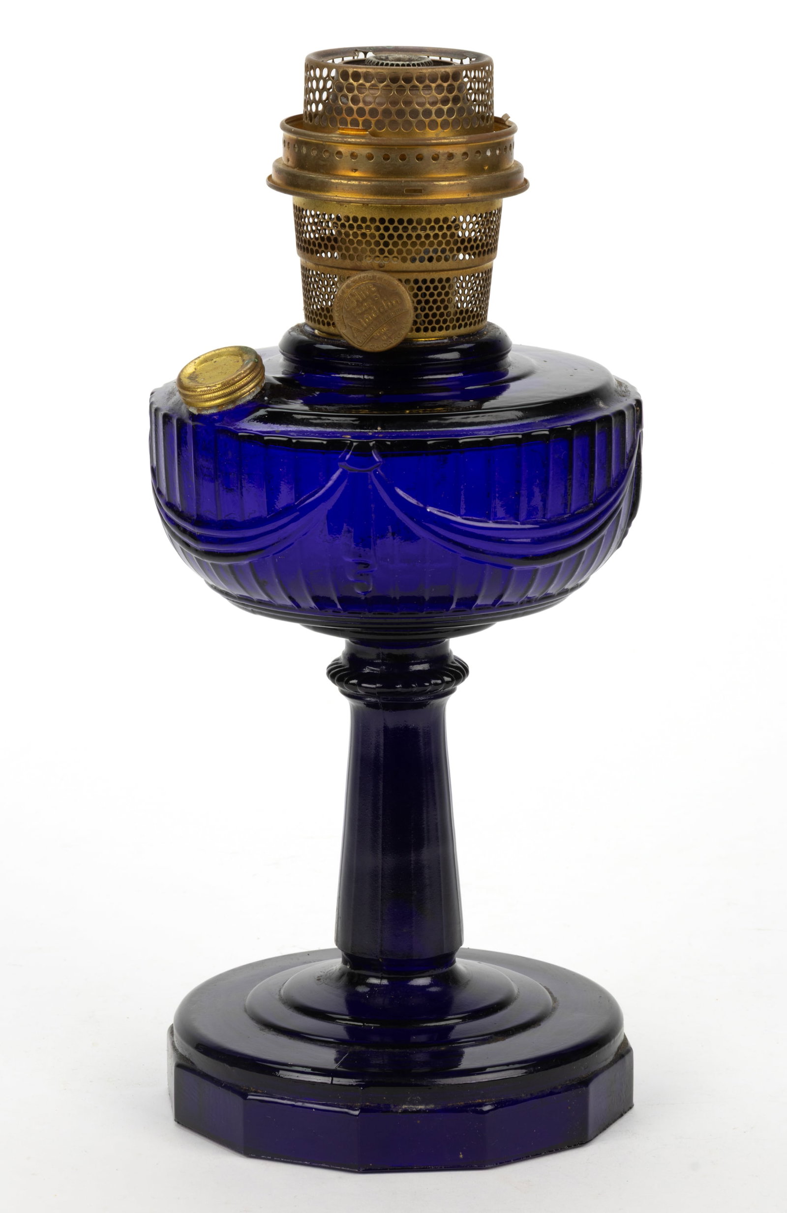 ALADDIN MODEL B-76 / LINCOLN DRAPE - TALL KEROSENE STAND LAMP: ALADDIN MODEL B-76 / LINCOLN DRAPE - TALL KEROSENE STAND LAMP, Cobalt Blue Crystal Art Glass, foot with plain top and twelve-sided edge, underside with three oblong toes and crowfoot pattern, brass si