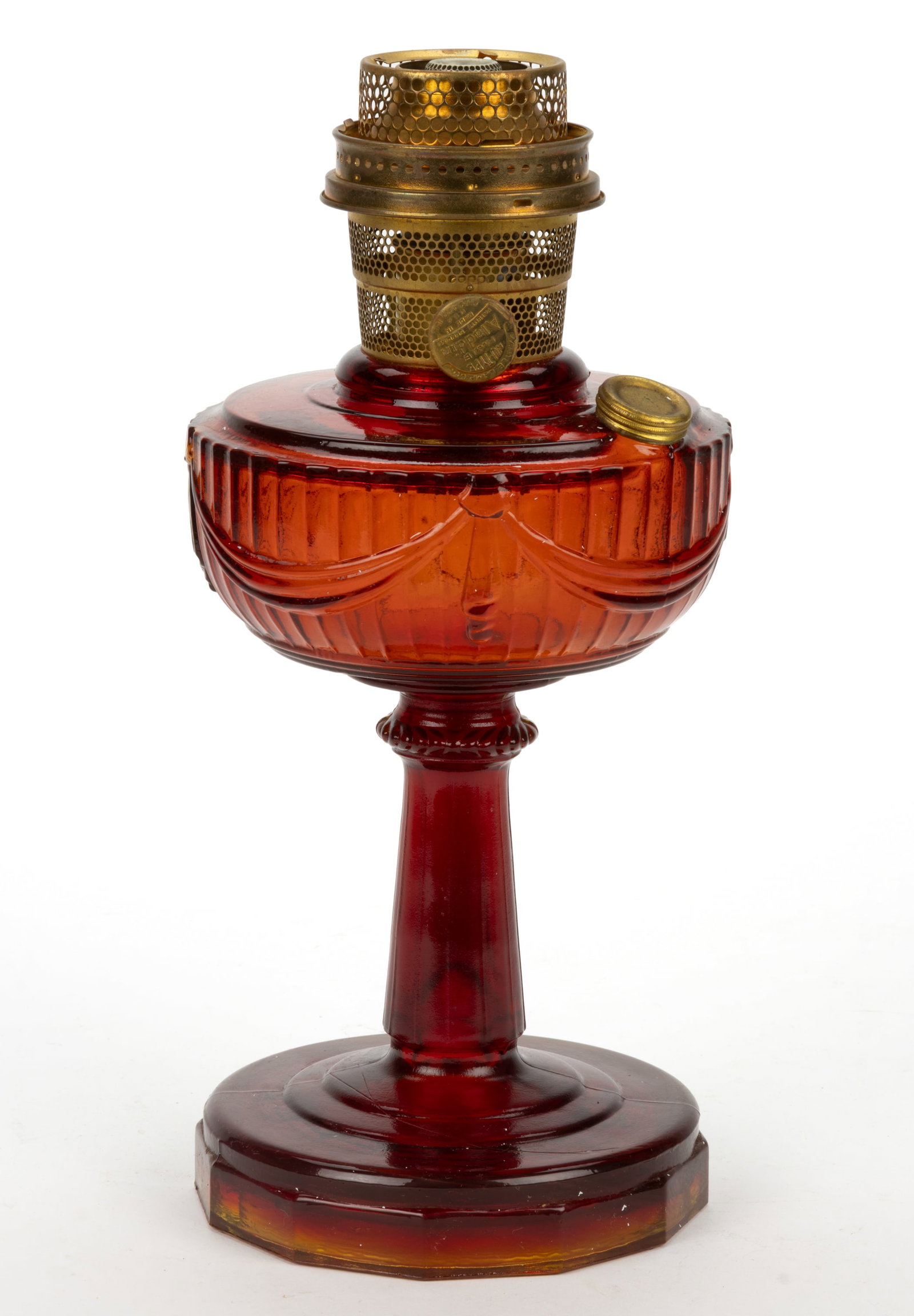 ALADDIN MODEL B-77 / LINCOLN DRAPE - TALL KEROSENE STAND LAMP: ALADDIN MODEL B-77 / LINCOLN DRAPE - TALL KEROSENE STAND LAMP, Ruby Crystal Art Glass with amberina foot, foot with plain top and twelve-sided edge, underside with three oblong toes and crow