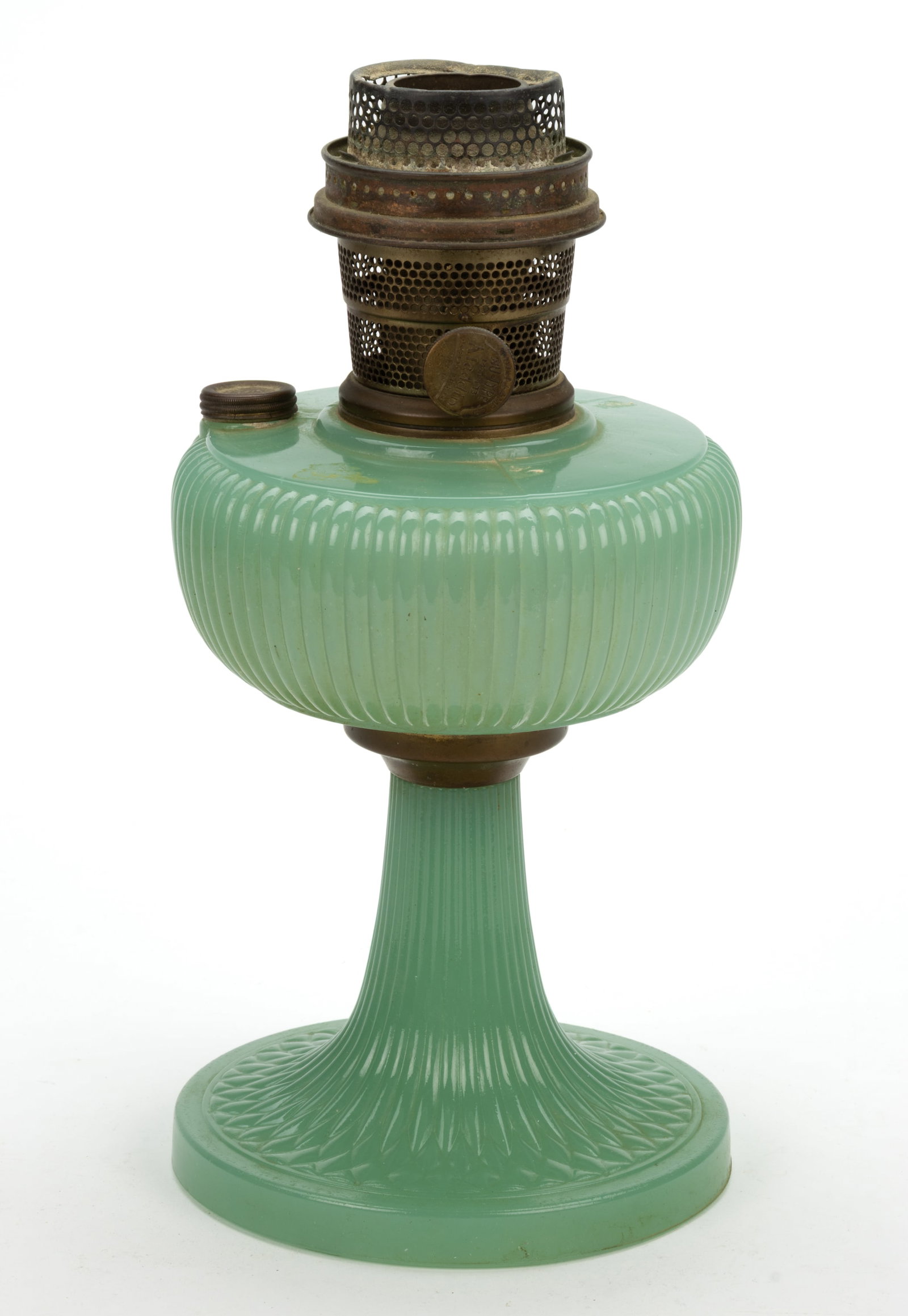 ALADDIN MODEL NO. B-92 / VERTIQUE KEROSENE STAND LAMP: ALADDIN MODEL NO. B-92 / VERTIQUE KEROSENE STAND LAMP, Jade Green Moonstone, circular-form foot with six short toes to the underside, plain brass connector, radial groove collar, side-refill