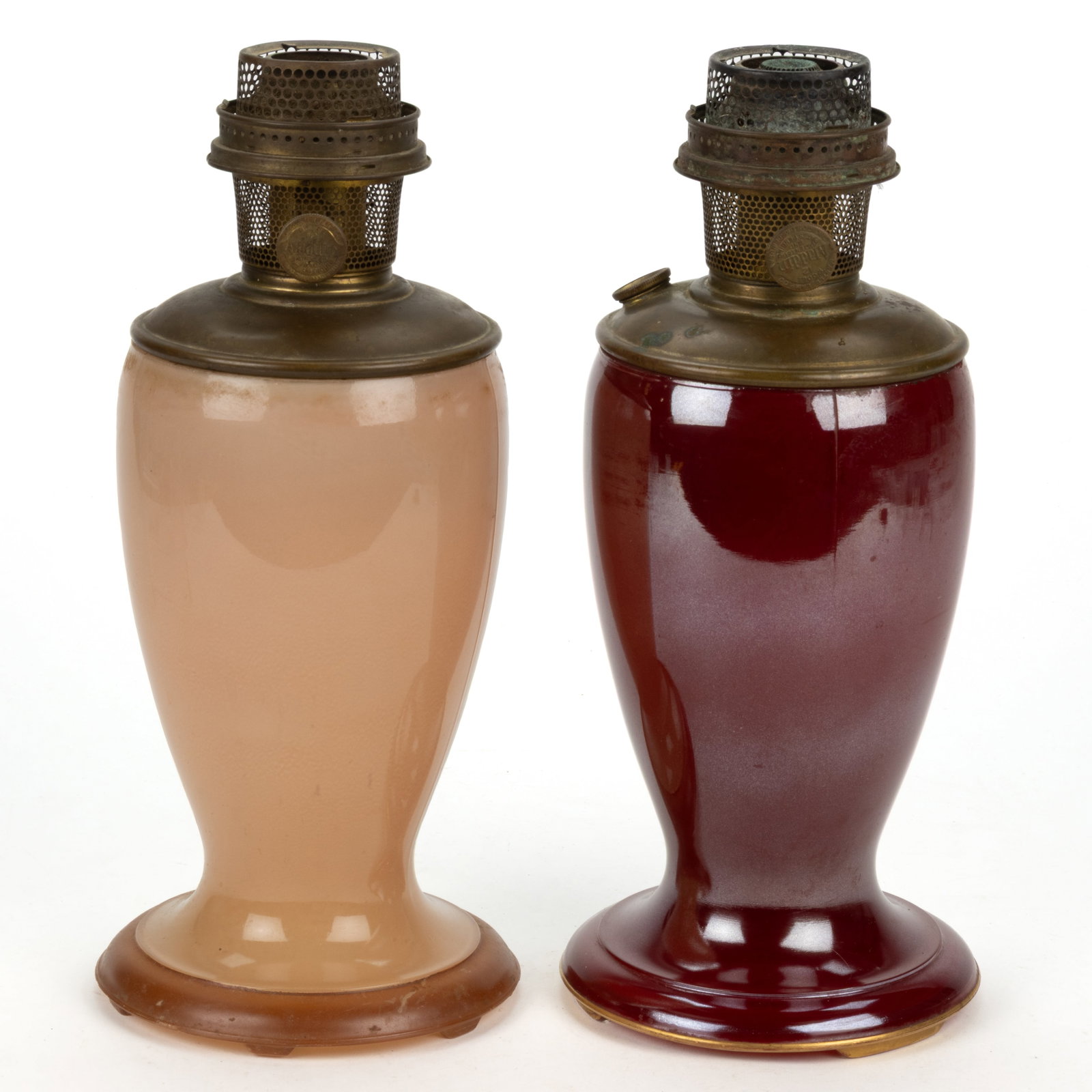 ALADDIN MODEL NO. 1231A ALPHA ART GLASS AND NO. 1247 VENETIAN ART CRAFT KEROSENE VASE LAMPS, LOT OF: ALADDIN MODEL NO. 1231A ALPHA ART GLASS AND NO. 1247 VENETIAN ART CRAFT KEROSENE VASE LAMPS, LOT OF TWO, comprising of a No. 1231A with amber color fused on the interior and with a ligh