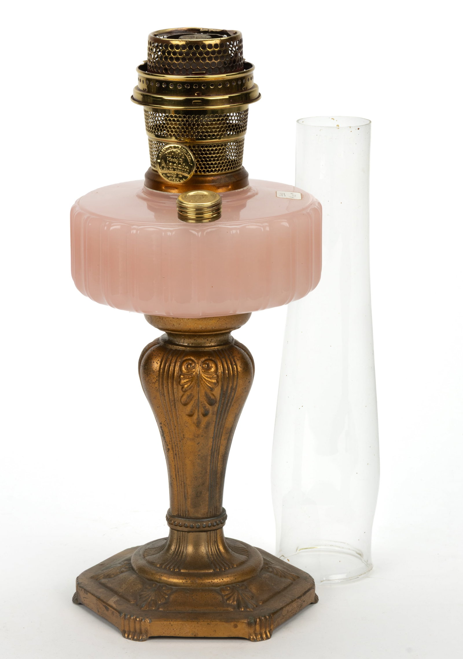 ALADDIN MODEL NO. B-121 / MAJESTIC KEROSENE STAND LAMP: ALADDIN MODEL NO. B-121 / MAJESTIC KEROSENE STAND LAMP, Rose Moonstone, gold finish to the metal base with hexagonal foot, brass side-refill feature and crimped collar with copper finish. Fitted with 