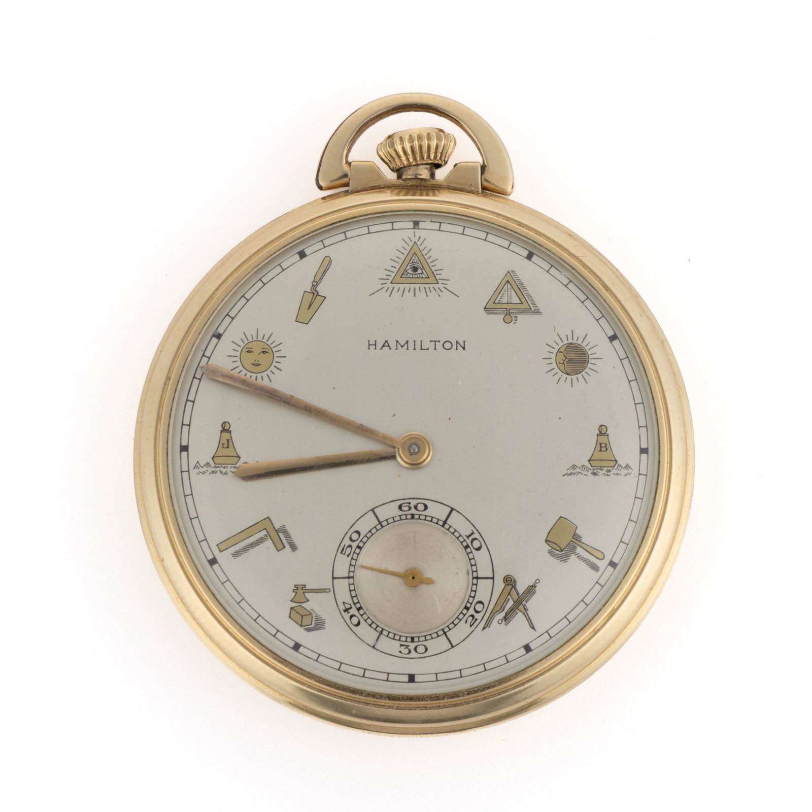 HAMILTON 17-JEWEL GRADE 917 MODEL 1 MASONIC POCKET WATCH: HAMILTON 17-JEWEL GRADE 917 MODEL 1 MASONIC POCKET WATCH, Grade 917, model 1 (serial no. X30385), 17-jewels, pendant-set movement with a gold-colored dial; the chapter ring has different Masonic symbo