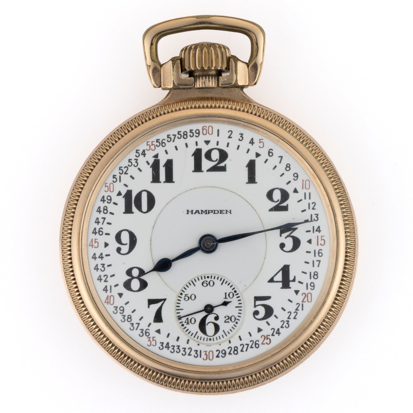 HAMPDEN 23-JEWEL NO. 104 MODEL 5 POCKET WATCH: HAMPDEN 23-JEWEL NO. 104 MODEL 5 POCKET WATCH, Grade No. 104, model 5 (serial no. 3303467), 23-jewels, lever-set movement, railroad grade, with white enamel dial, Arabic numeral chapter ring, blued-st