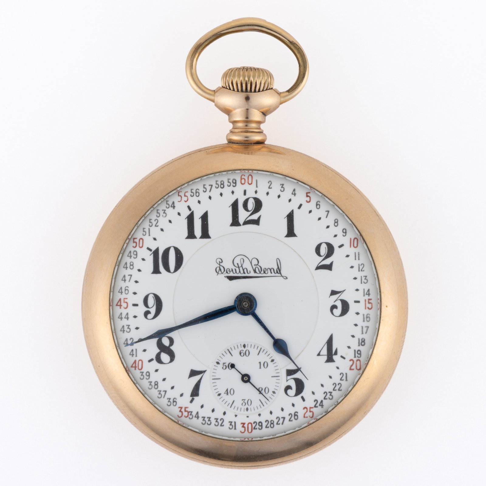 SOUTH BEND 21-JEWEL GRADE 329 MODEL 2 POCKET WATCH: SOUTH BEND 21-JEWEL GRADE 329 MODEL 2 POCKET WATCH, "The Studebaker", Grade 329, model 2 (serial no. 579082), 21-jewels, lever-set movement, railroad grade with white enamel dial, Arabic num