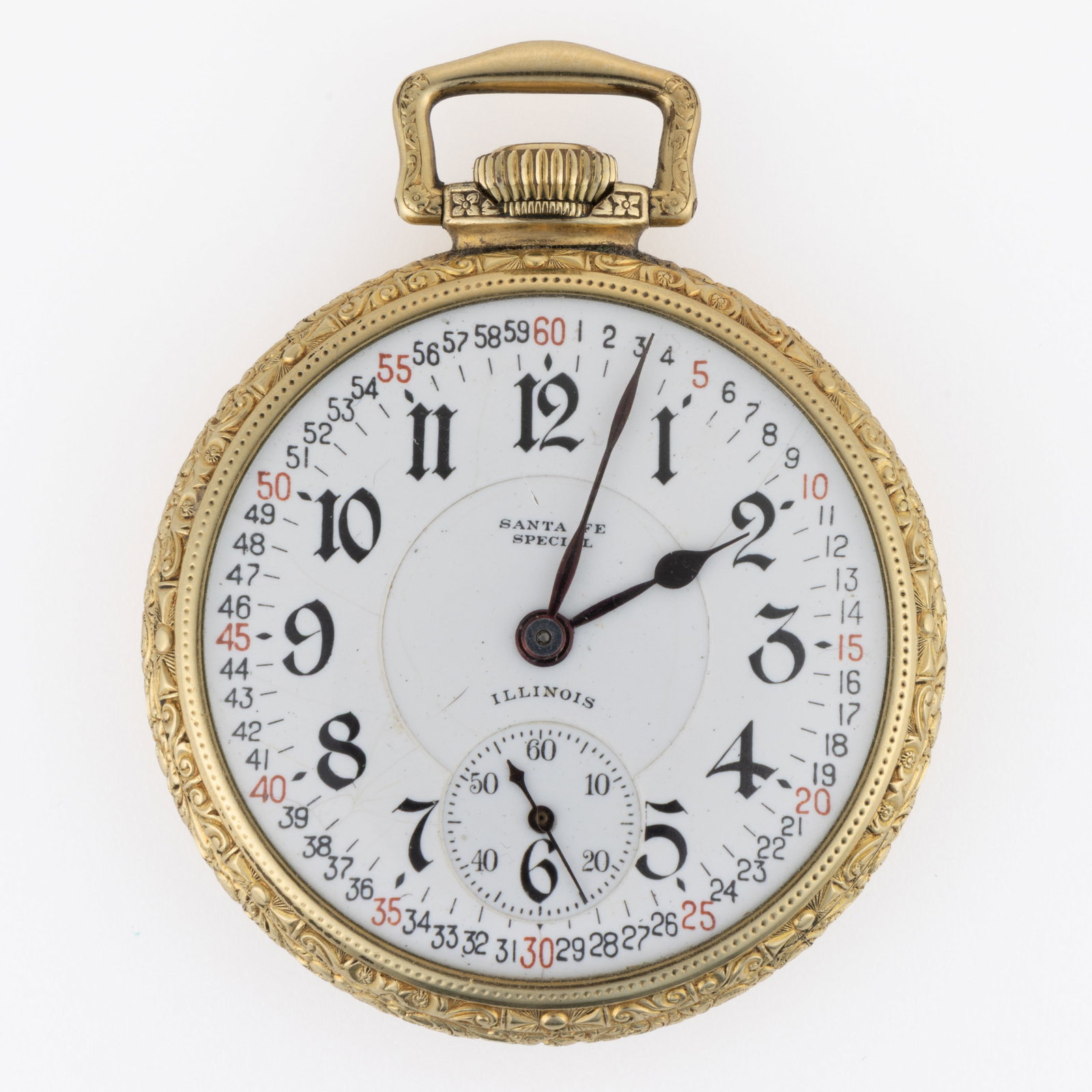 ILLINOIS 21-JEWEL GRADE 274 MODEL 2 POCKET WATCH: ILLINOIS 21-JEWEL GRADE 274 MODEL 2 POCKET WATCH, "Sante Fe Special", Grade 274, Model 2 (serial no. 3538920), 21-jewels, pendant-set motion, with white enamel dial, Arabic chapter ring, blu
