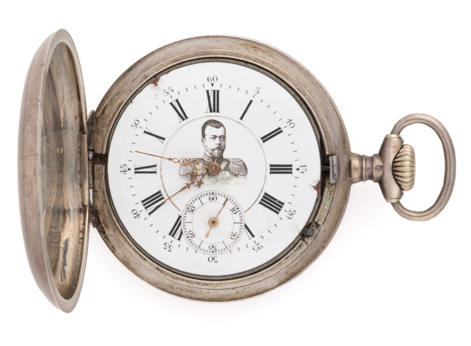 ANTIQUE TZAR NIKOLAS II SILVER POCKET WATCH: ANTIQUE TZAR NIKOLAS II SILVER POCKET WATCH, pendant-set movement, white enamel dial with Roman and Arabic numeral chapter ring, sunk seconds subsidiary, gold-colored Louis XIV hands and image of 