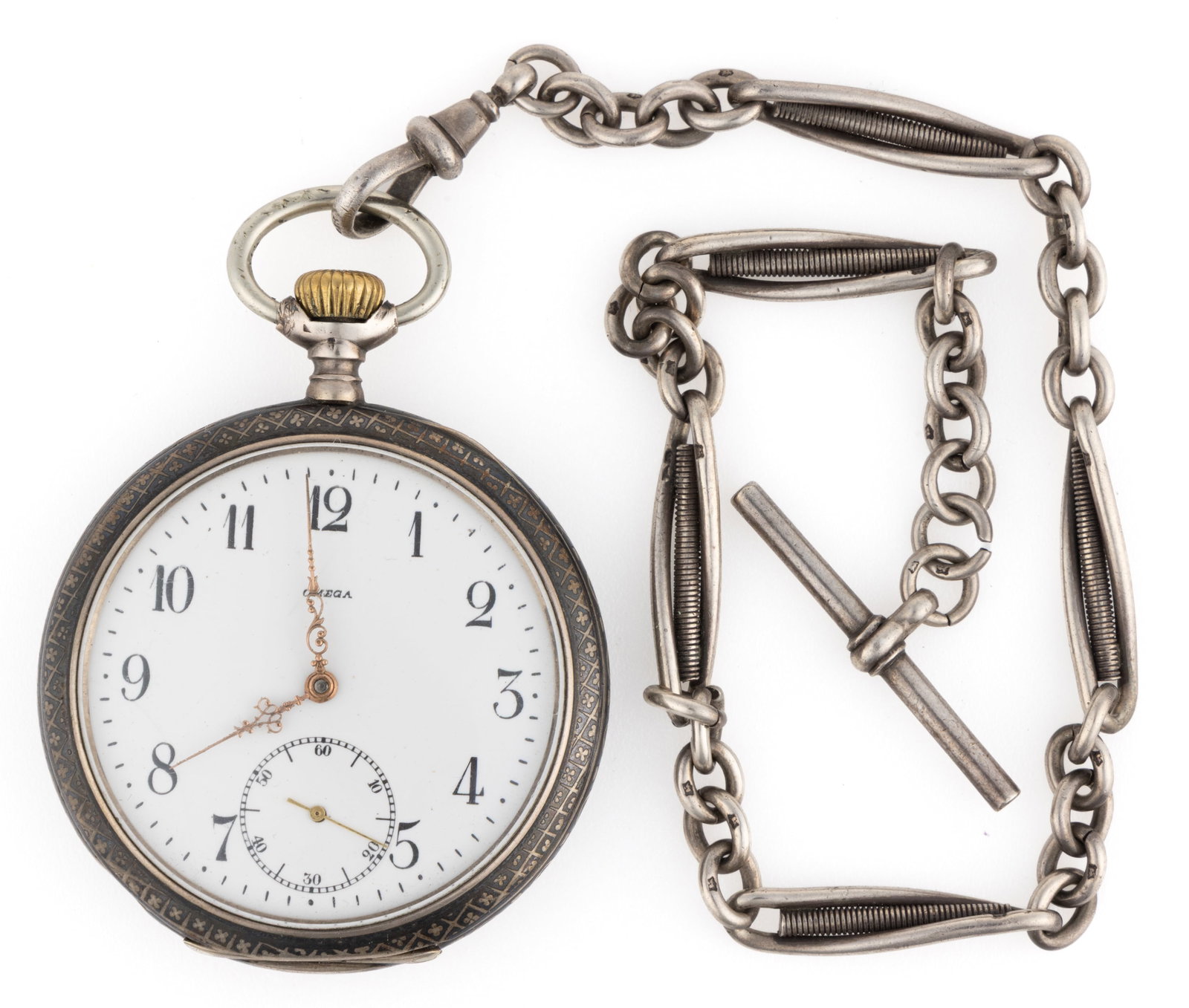 OMEGA 15-JEWEL .900 SILVER-CASED POCKET WATCH: OMEGA 15-JEWEL .900 SILVER-CASED POCKET WATCH (serial no. 1709532), pendant-set movement with white enamel dial, Arabic numeral chapter ring, gold-colored Louis XIV hands, sunk seconds subsidiary