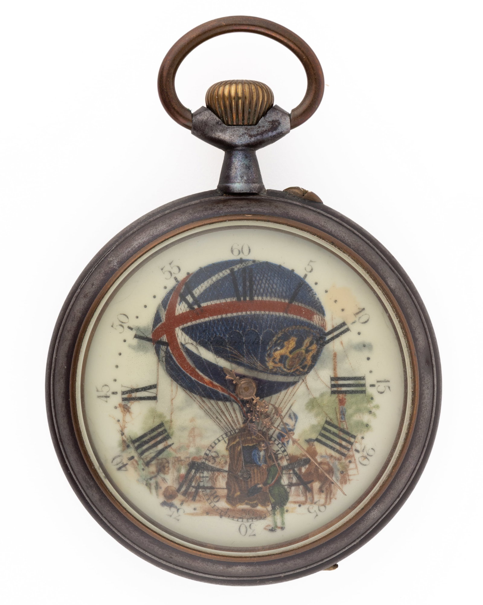 ANTIQUE GUNMETAL-CASED PAINTED DIAL POCKET WATCH: ANTIQUE GUNMETAL-CASED PAINTED DIAL POCKET WATCH, unknown jewels, pin-set movement with an enamel dial painted showing Vincenzo Lunardi getting ready to take off in a hot air balloon decorated with th