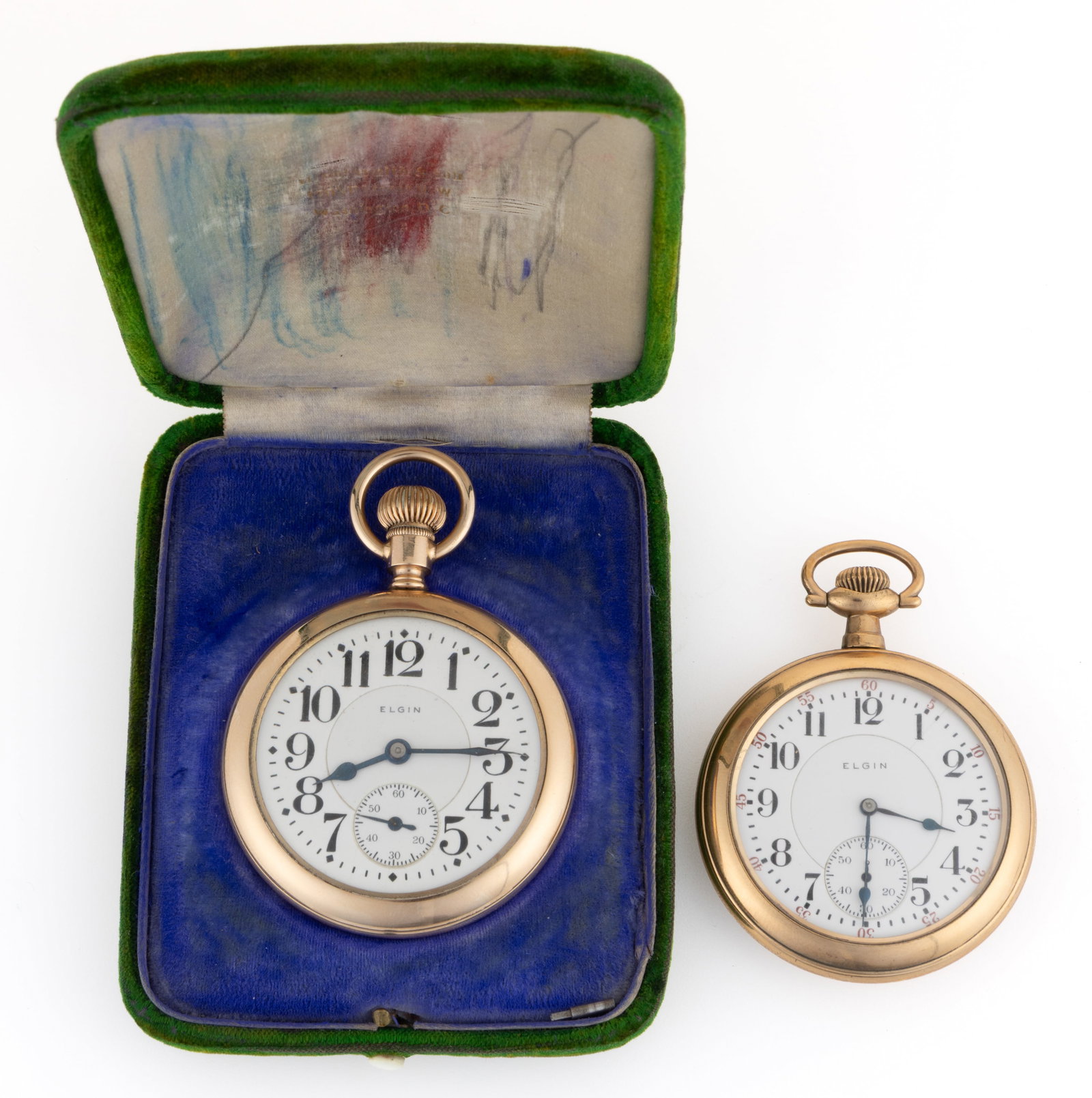 ELGIN 21-JEWEL "FATHER TIME" MODEL 15 POCKET WATCHES, LOT OF TWO: ELGIN 21-JEWEL "FATHER TIME" MODEL 15 POCKET WATCHES, LOT OF TWO, each 21-jewels, railroad grade, lever-set movement, having a white enamel dial with Arabic chapter ring, sunk seconds s