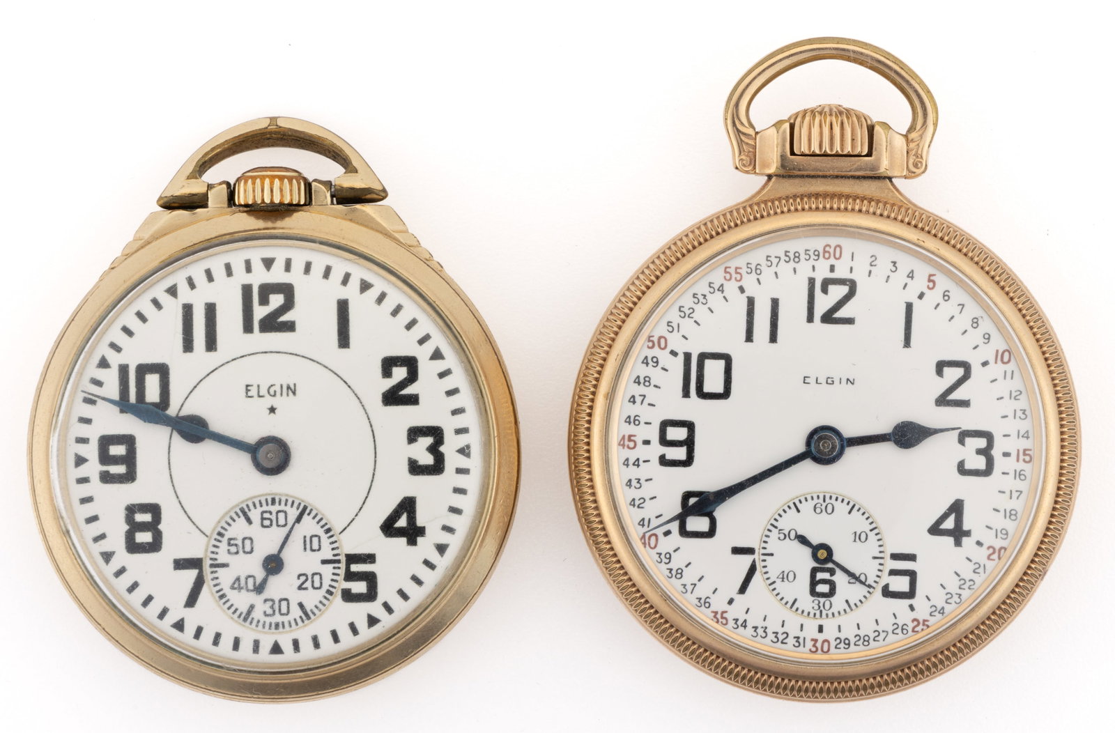 ELGIN 21-JEWEL B.W. RAYMOND POCKET WATCHES, LOT OF TWO: ELGIN 21-JEWEL B.W. RAYMOND POCKET WATCHES, LOT OF TWO, each railroad grade, lever-set movement, having a white enamel dial with Arabic chapter ring, sun seconds subsidiary, and blued-steel spade hand