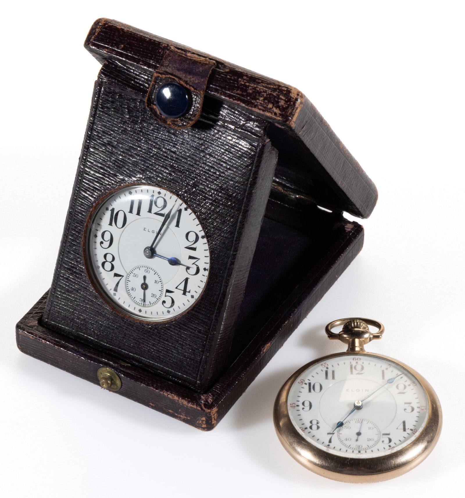 ELGIN 19-JEWEL B.W. RAYMOND POCKET WATCHES, LOT OF TWO: ELGIN 19-JEWEL B.W. RAYMOND POCKET WATCHES, LOT OF TWO, each railroad grade, lever-set movement, having a white enamel dial with Arabic chapter ring, sunk seconds subsidiary, and blued-steel spade han