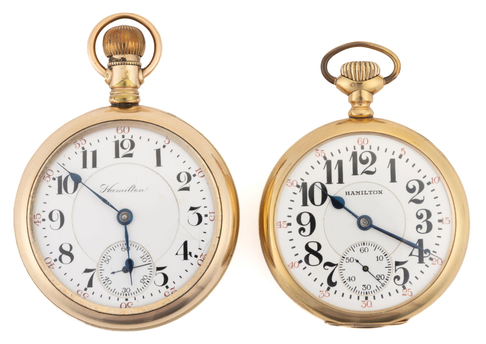 HAMILTON 21-JEWEL MODEL 1 POCKET WATCHES, LOT OF TWO: HAMILTON 21-JEWEL MODEL 1 POCKET WATCHES, LOT OF TWO, comprising one Grade 992, model 1 (serial no. 328208) and one Grade 940, model 1 (serial no. 594696), both are 21-jewels, lever-set movement, rail