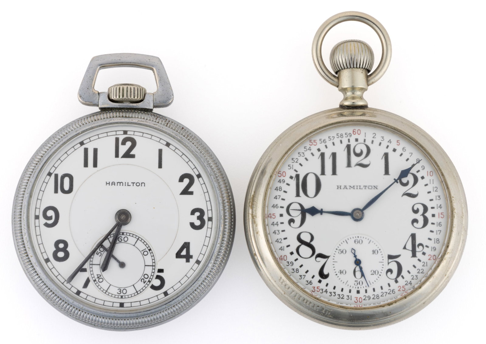 HAMILTON 21- AND 17-JEWEL POCKET WATCHES, LOT OF TWO: HAMILTON 21- AND 17-JEWEL POCKET WATCHES, LOT OF TWO, comprising Grade 2974B, model 5 (serial no. K669), 17-jewels, pendant-set movement and Grade 992B, model 5 (serial no. C62314), 21-jewels, lever-s