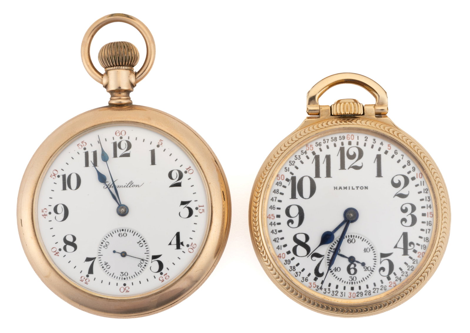 HAMILTON 17-JEWEL GRADE 974 POCKET WATCHES, LOT OF TWO: HAMILTON 17-JEWEL GRADE 974 POCKET WATCHES, LOT OF TWO, comprising one Grade 974, model 1 (serial no. 800525) and one Grade 974 Special, model 2 (serial no. 2491615), both 17-jewels, lever-set movemen