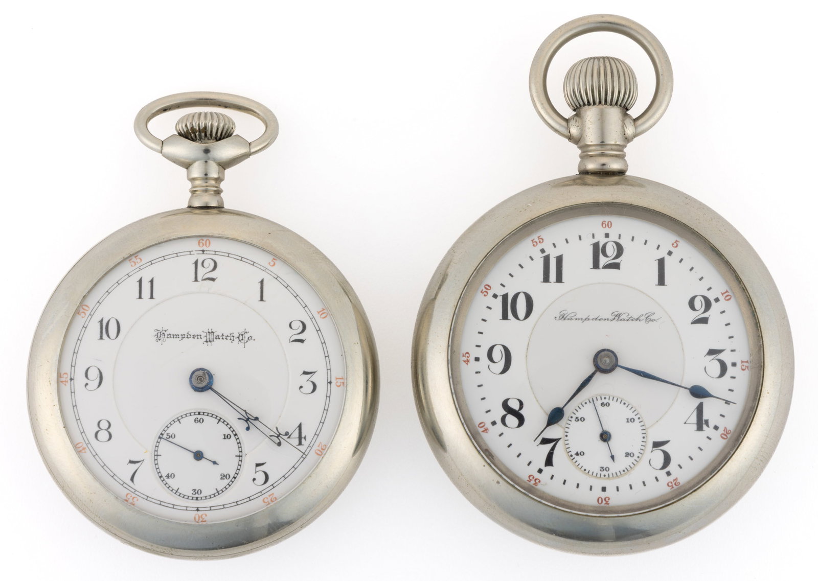 HAMPDEN GRADE RAILWAY 23- AND 17-JEWEL POCKET WATCHES, LOT OF TWO: HAMPDEN GRADE RAILWAY 23- AND 17-JEWEL POCKET WATCHES, LOT OF TWO, comprising one Grade Special Railway, model 3 (serial no. 648720), 17-jewels and one Grade New Railway, model 3 (serial no. 2191876),