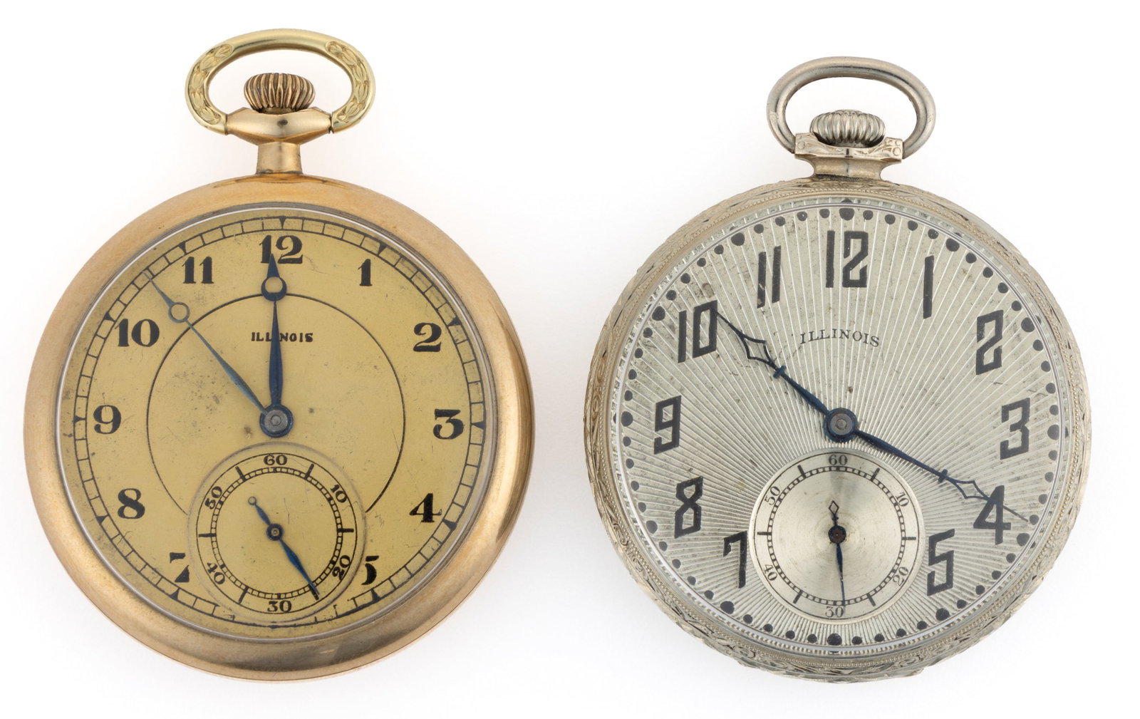 ILLINOIS 21-JEWEL MODEL 3 POCKET WATCHES, LOT OF TWO: ILLINOIS 21-JEWEL MODEL 3 POCKET WATCHES, LOT OF TWO, comprising one Grade A. Lincoln, model 2 (serial no. 3300983), pendant-set movement with gold-colored dial, Arabic numeral chapter ring, blued-ste
