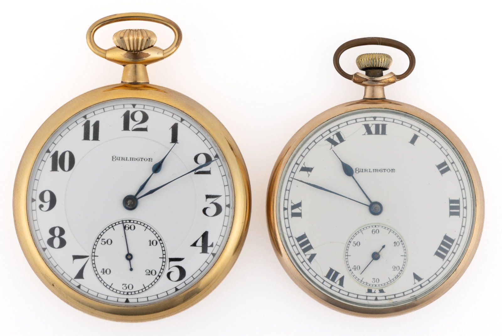 ILLINOIS WATCH CO. / BURLINGTON 21-JEWEL MAN'S POCKET WATCHES, LOT OF TWO: ILLINOIS WATCH CO. / BURLINGTON 21-JEWEL MAN'S POCKET WATCHES, LOT OF TWO, comprising one Grade 275, model 3 (serial no. 3434846), 21-jewels, pendant-set movement with white enamel dial, Roman num