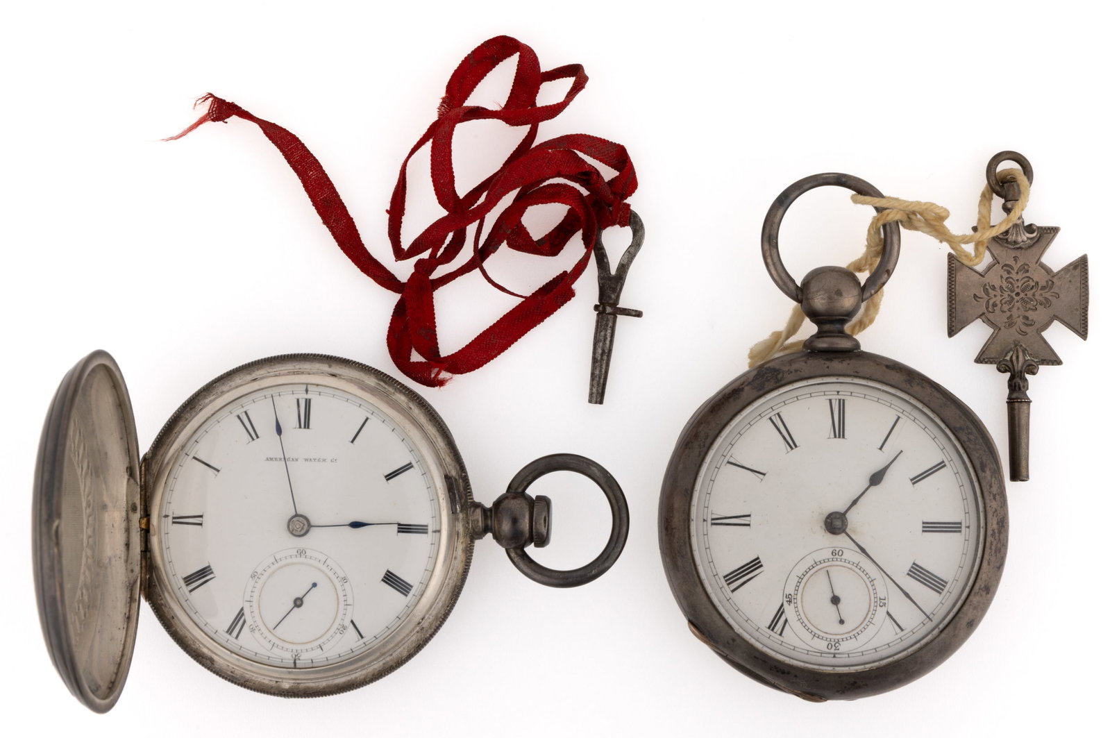 WALTHAM AND ILLINOIS 11-JEWEL KEY-WIND COIN SILVER-CASED POCKET WATCHES, LOT OF TWO: WALTHAM AND ILLINOIS 11-JEWEL KEY-WIND COIN SILVER-CASED POCKET WATCHES, LOT OF TWO, each having a white enamel dial with Roman chapter ring, sunk seconds subsidiary, and blued-steel spade hands, hous