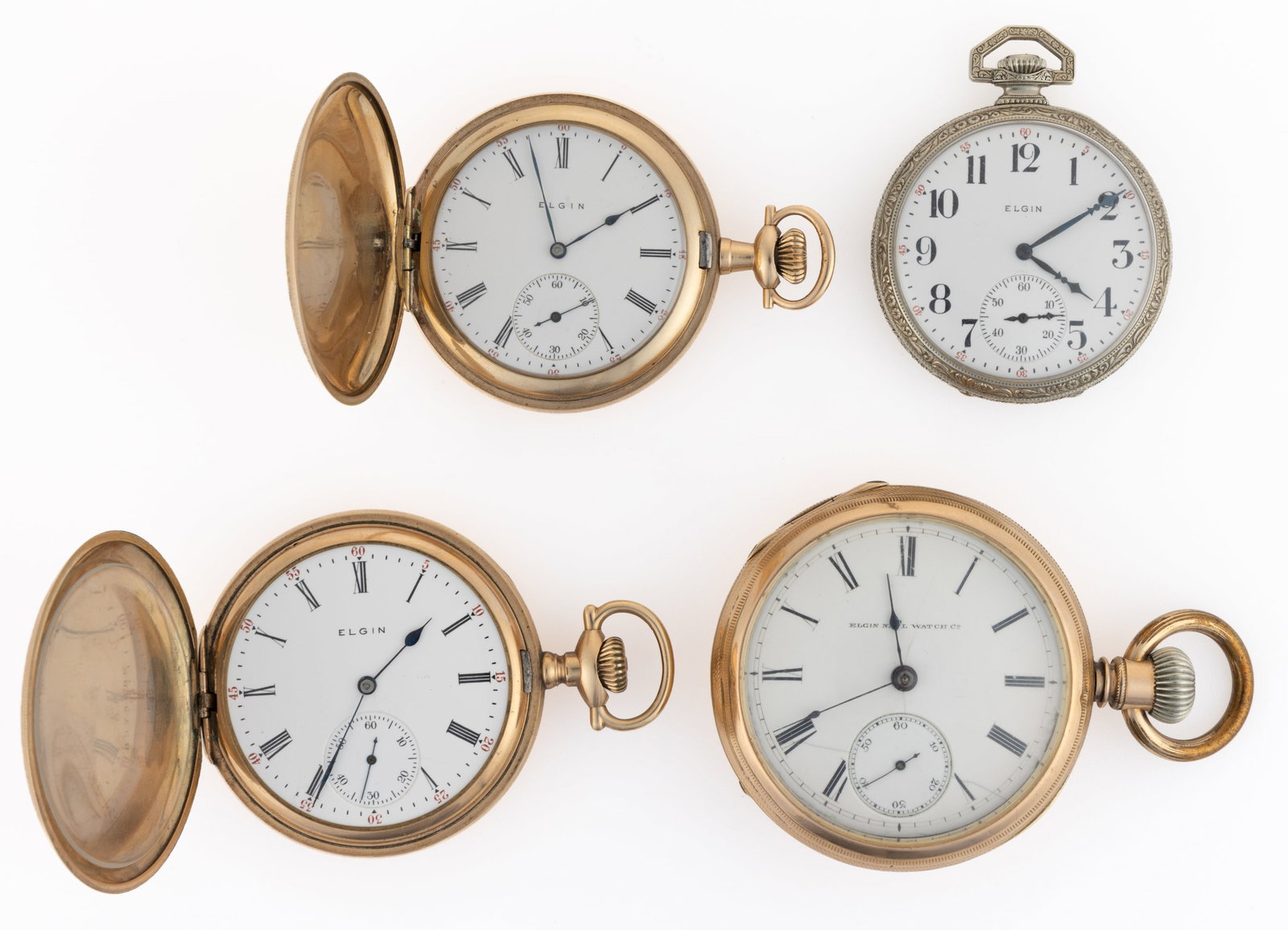 ELGIN 15- AND 17-JEWEL POCKET WATCHES, LOT OF FOUR: ELGIN 15- AND 17-JEWEL POCKET WATCHES, LOT OF FOUR, comprising a Grade 82, model 3 (serial no. 177431), 15-jewels, lever-set movement, white enamel dial with Roman numeral chapter ring, blued-steel sp