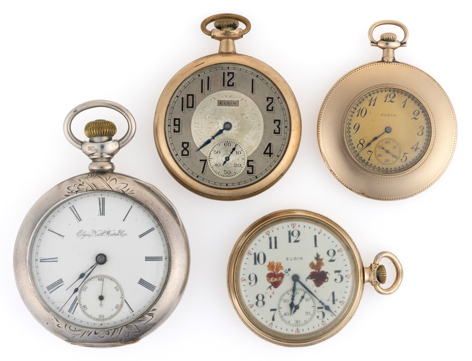 ELGIN 7-JEWEL MODEL 2,3,5, AND 7 POCKET WATCHES, LOT OF FOUR: ELGIN 7-JEWEL MODEL 2,3,5, AND 7 POCKET WATCHES, LOT OF FOUR, comprising Grade 73, model 5, open-face, pendant-set movement (serial no. 5919788) with white enamel dial with Roman chapter ring, bl