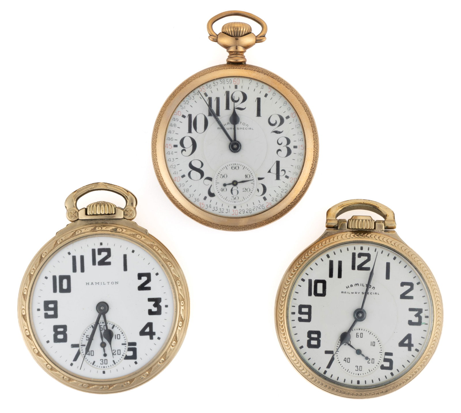HAMILTON 21-JEWEL GRADE 992B MODEL 5 POCKET WATCHES, LOT OF THREE (1 of 4)