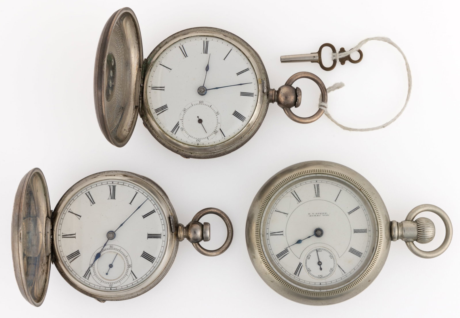 AMERICAN 7-JEWEL KEY-WIND POCKET WATCHES AND OTHER, LOT OF THREE: AMERICAN 7-JEWEL KEY-WIND POCKET WATCHES AND OTHER, LOT OF THREE, comprising one Waltham Wm. Ellery, model 1857 (serial no. 82691), 7-jewels, key-wind movement, white enamel dial, Roman numeral c